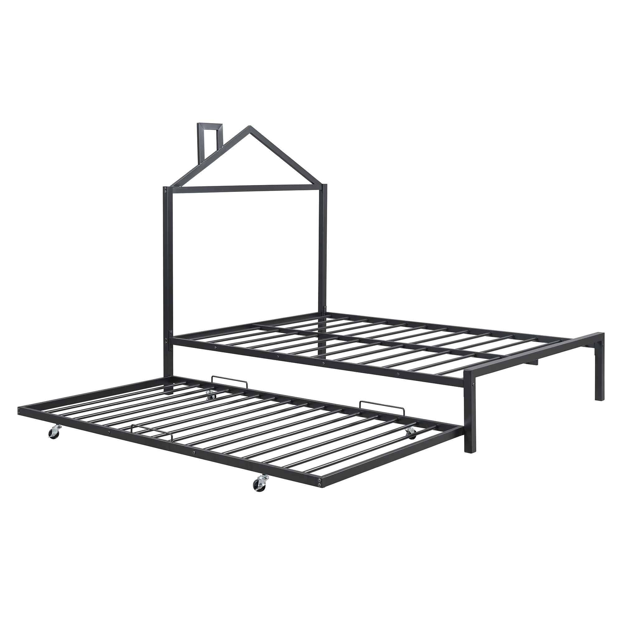 Full Size Metal Platform Bed with twin size trundle,House-Shaped Headboard Design, Black