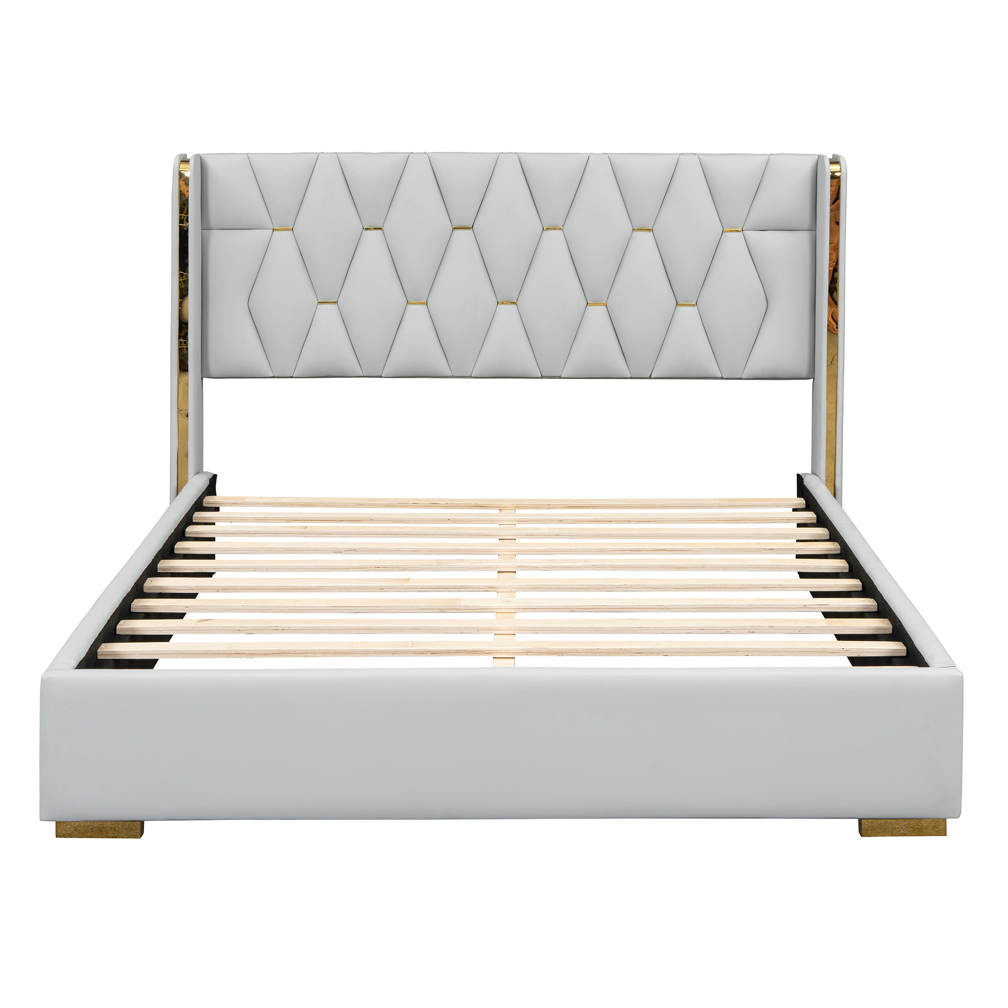 Full Size Upholstered Platform Bed with Metal Strips, Off-white