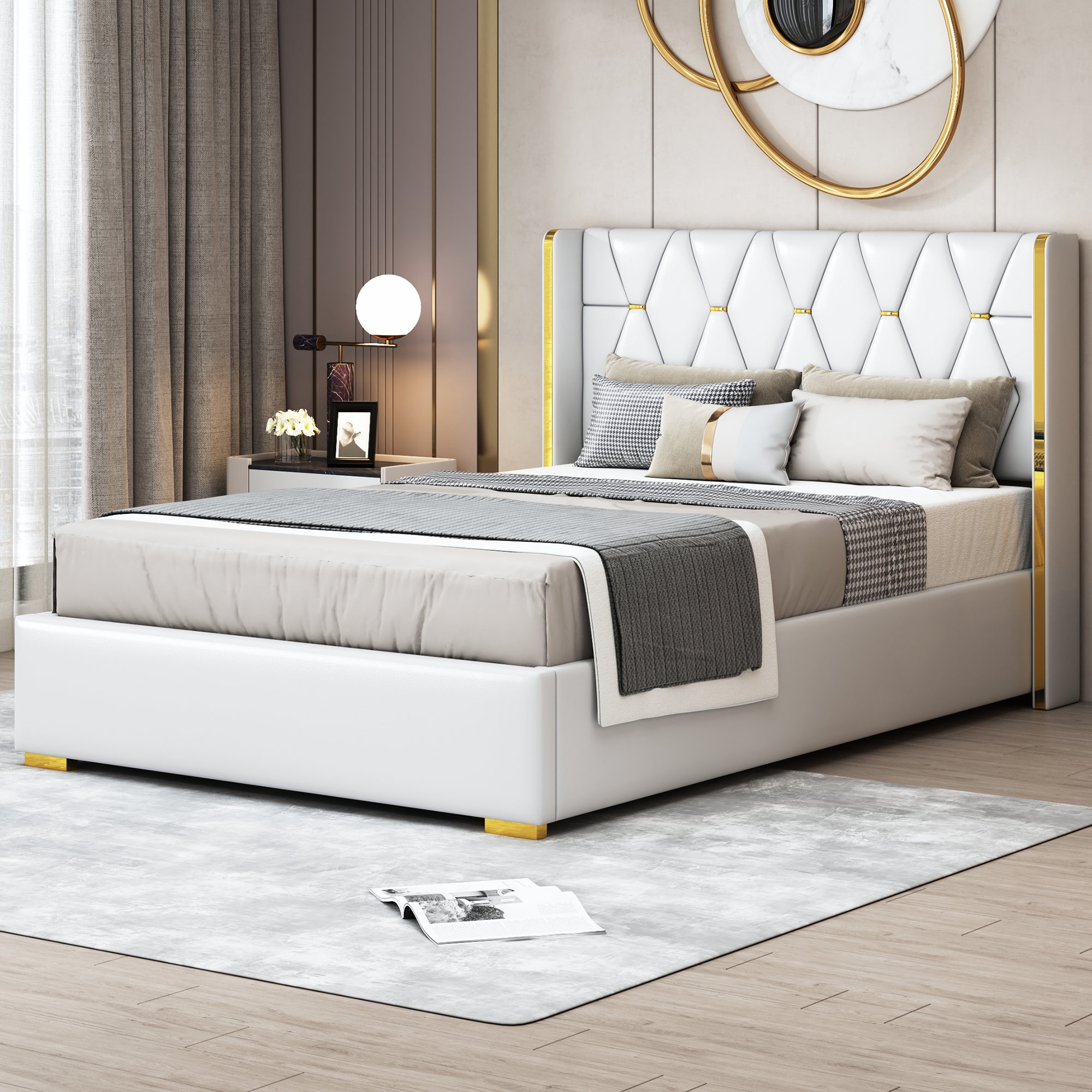 Full Size Upholstered Platform Bed with Metal Strips, Off-white