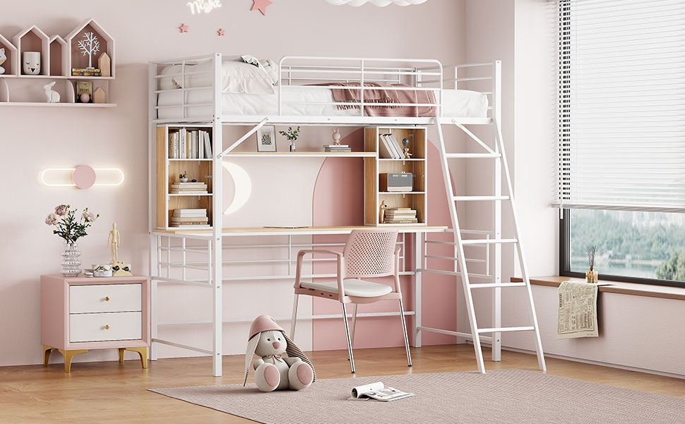 Twin Size Loft Bed with Desk and Shelf , Loft Bed with Ladder,Twin,White