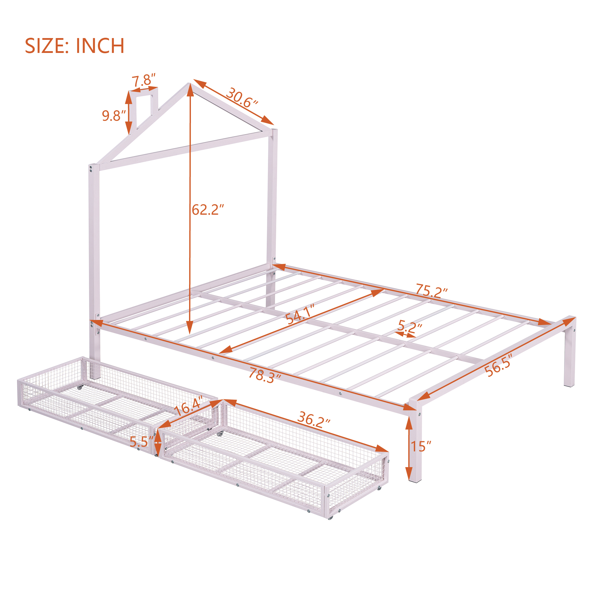 Full Size Metal Platform Bed with two drawers,House-Shaped Headboard Design, Pink