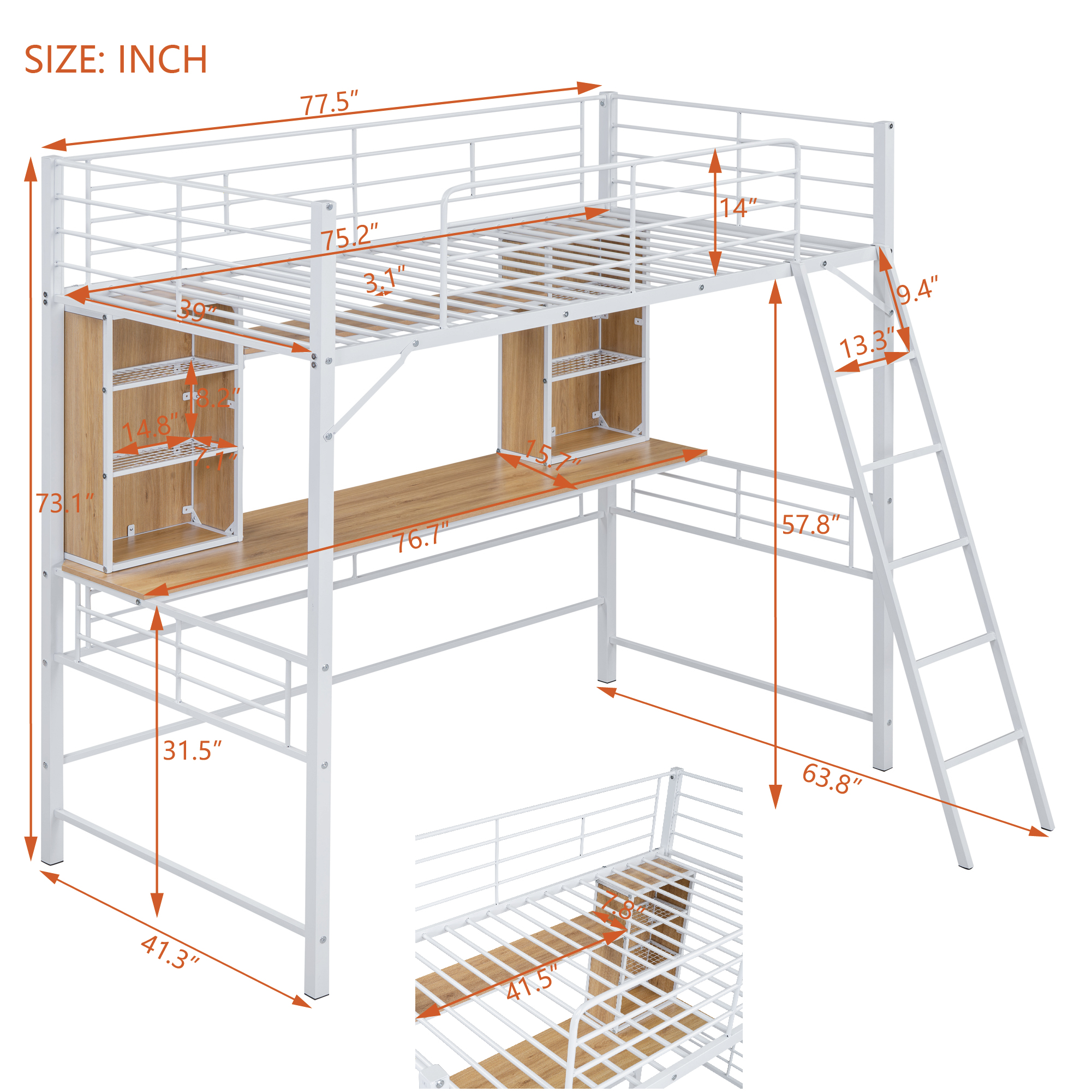 Twin Size Loft Bed with Desk and Shelf , Loft Bed with Ladder,Twin,White