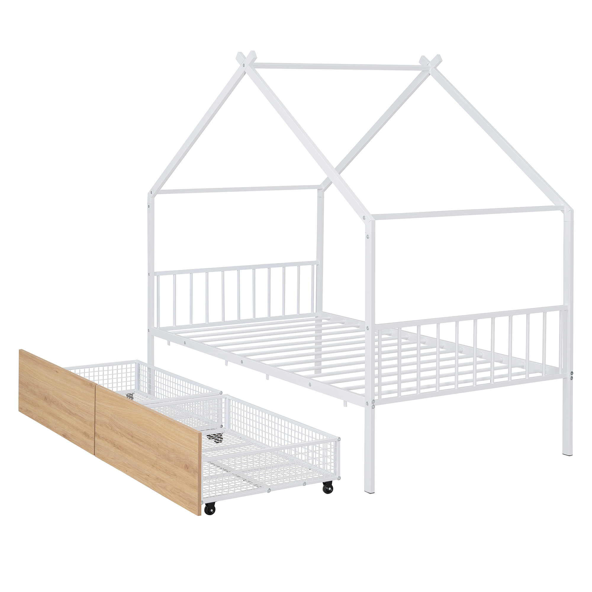 Twin Size Metal House Bed with Two Drawers, White