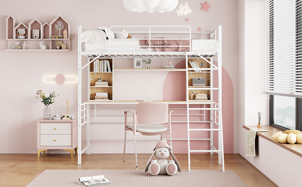 Twin Size Loft Bed with Desk and Shelf , Loft Bed with Ladder,Twin,White