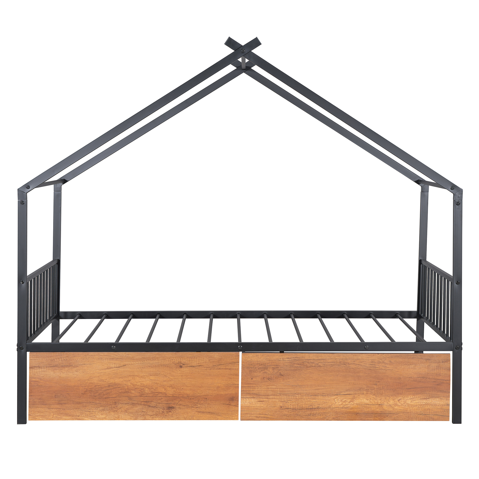 Twin Size Metal House Bed with Two Drawers, Black