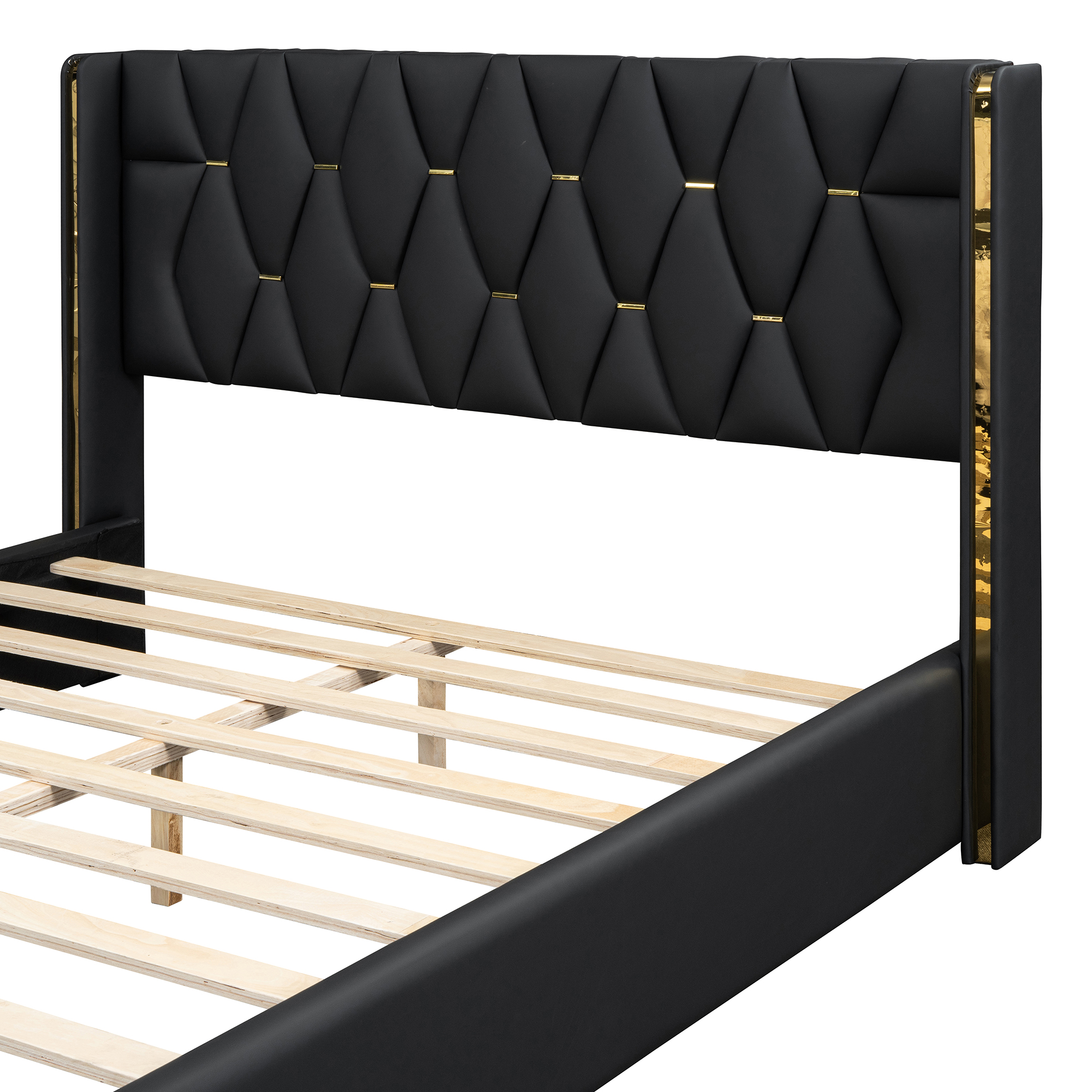 Full Size Upholstered Platform Bed with Metal Strips, Black