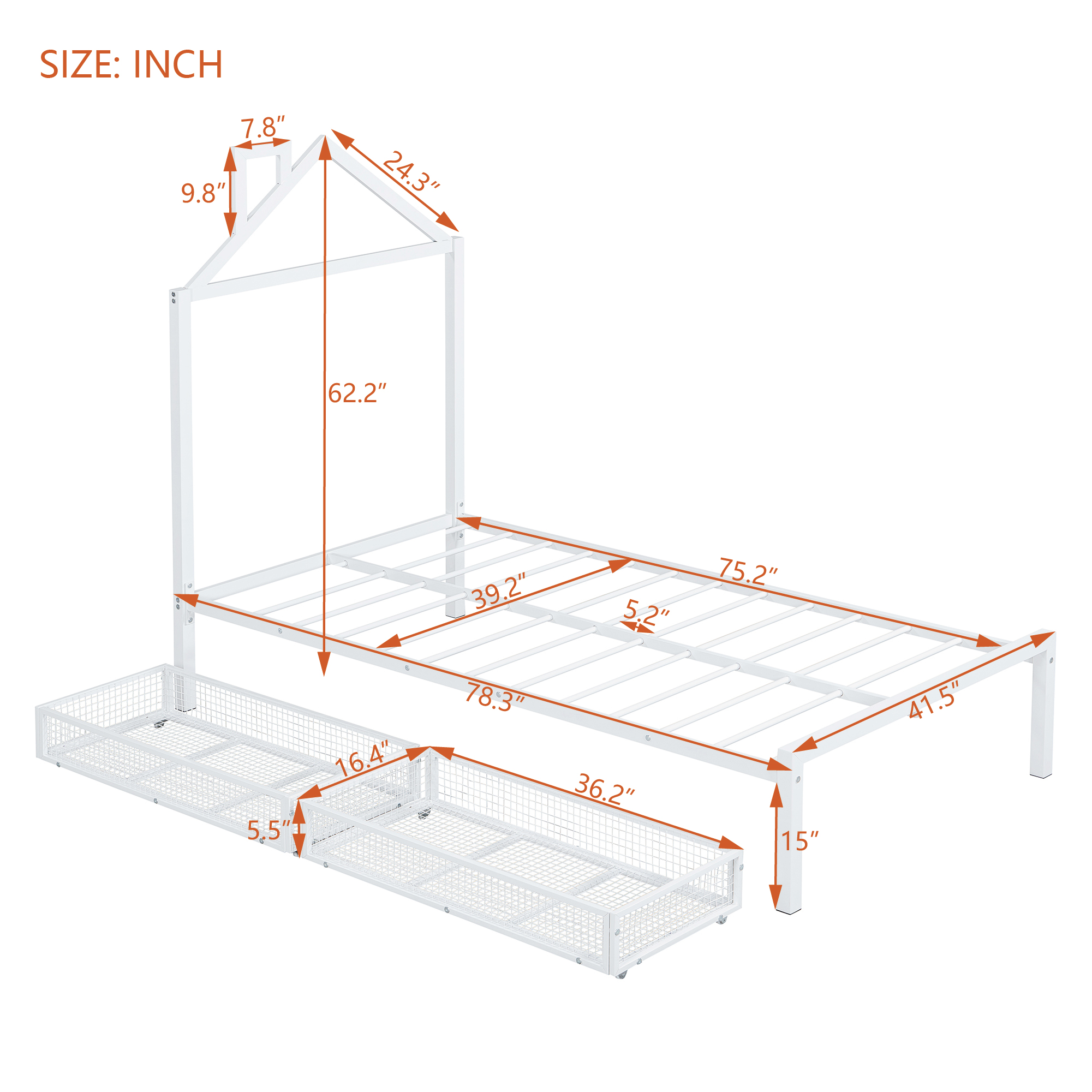 Twin Size Metal Platform Bed with two drawers,House-Shaped Headboard Design, White