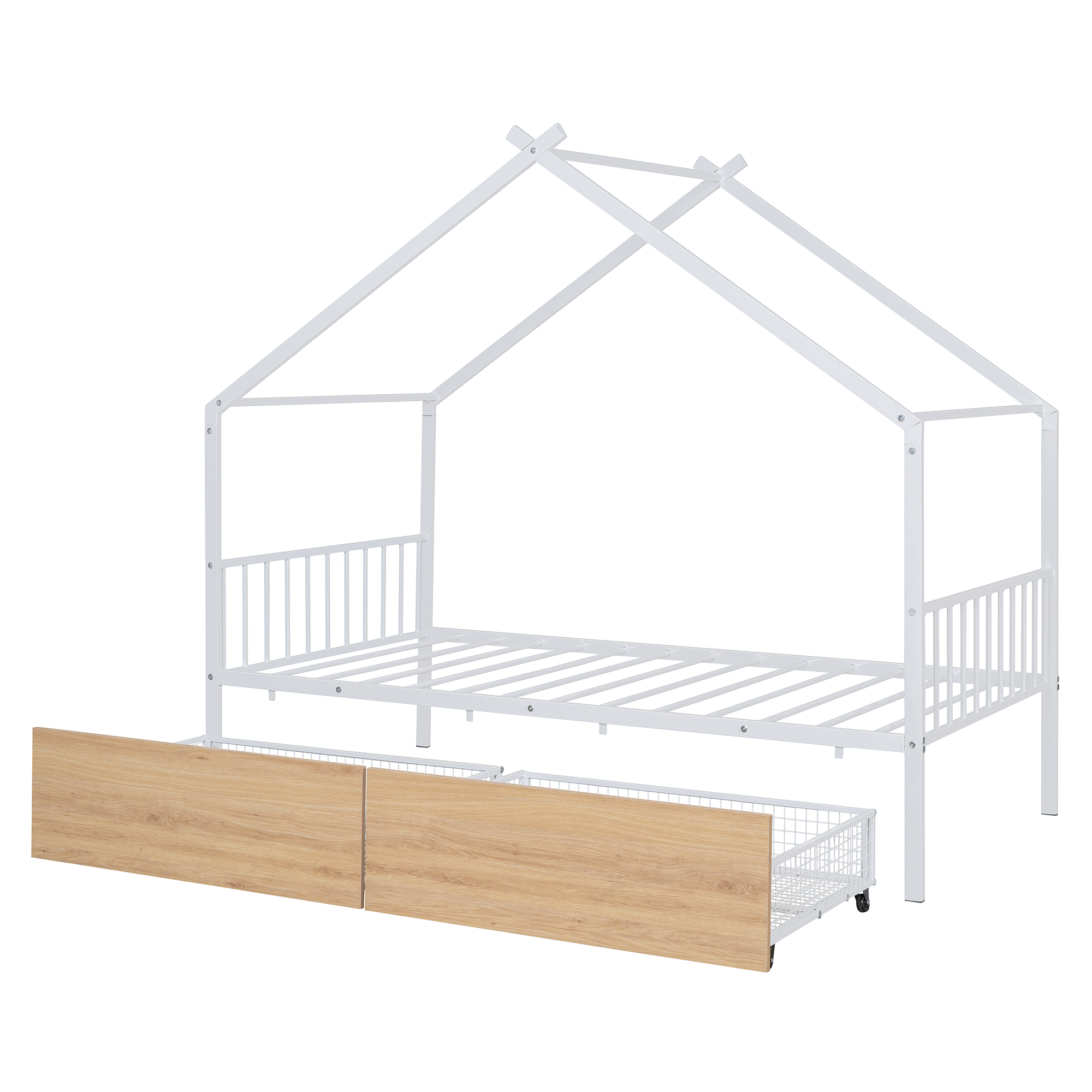 Twin Size Metal House Bed with Two Drawers, White