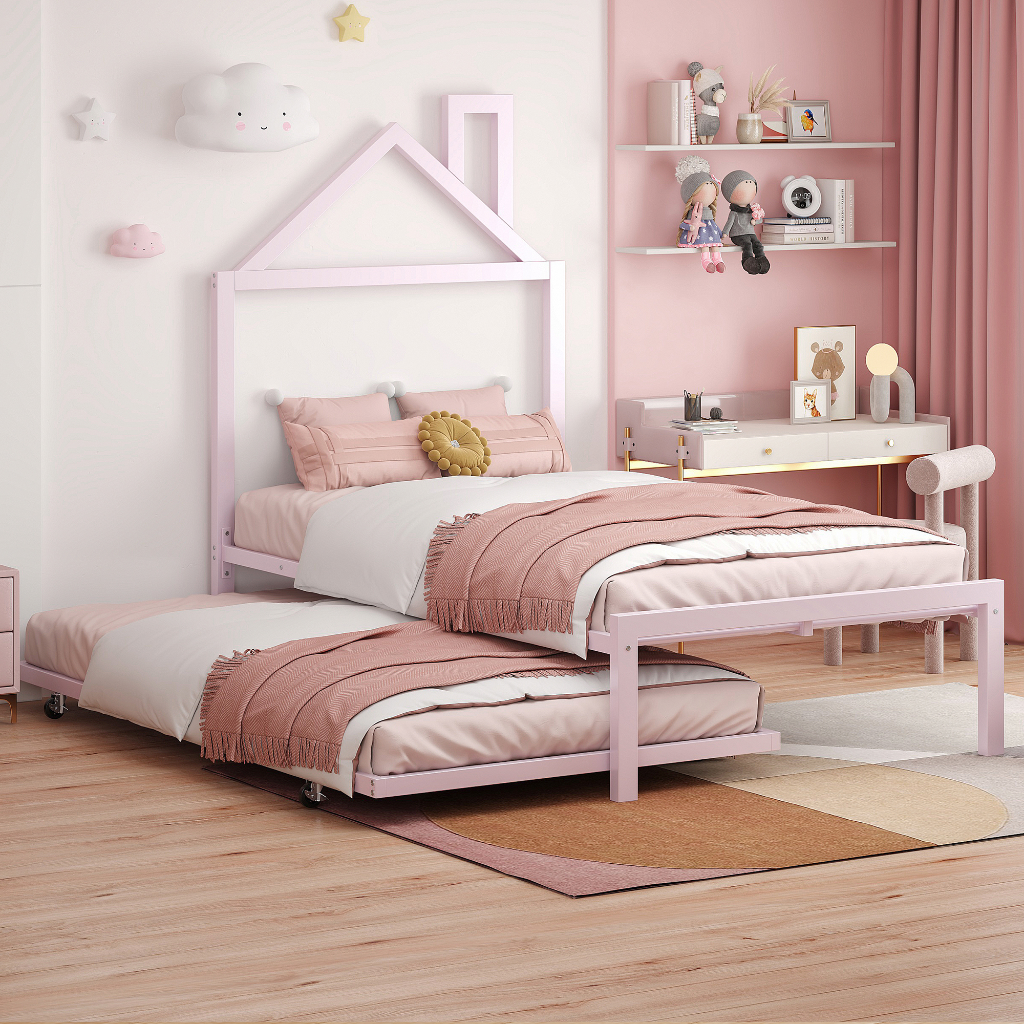 Twin Size Metal Platform Bed with twin size trundle,House-Shaped Headboard Design, Pink