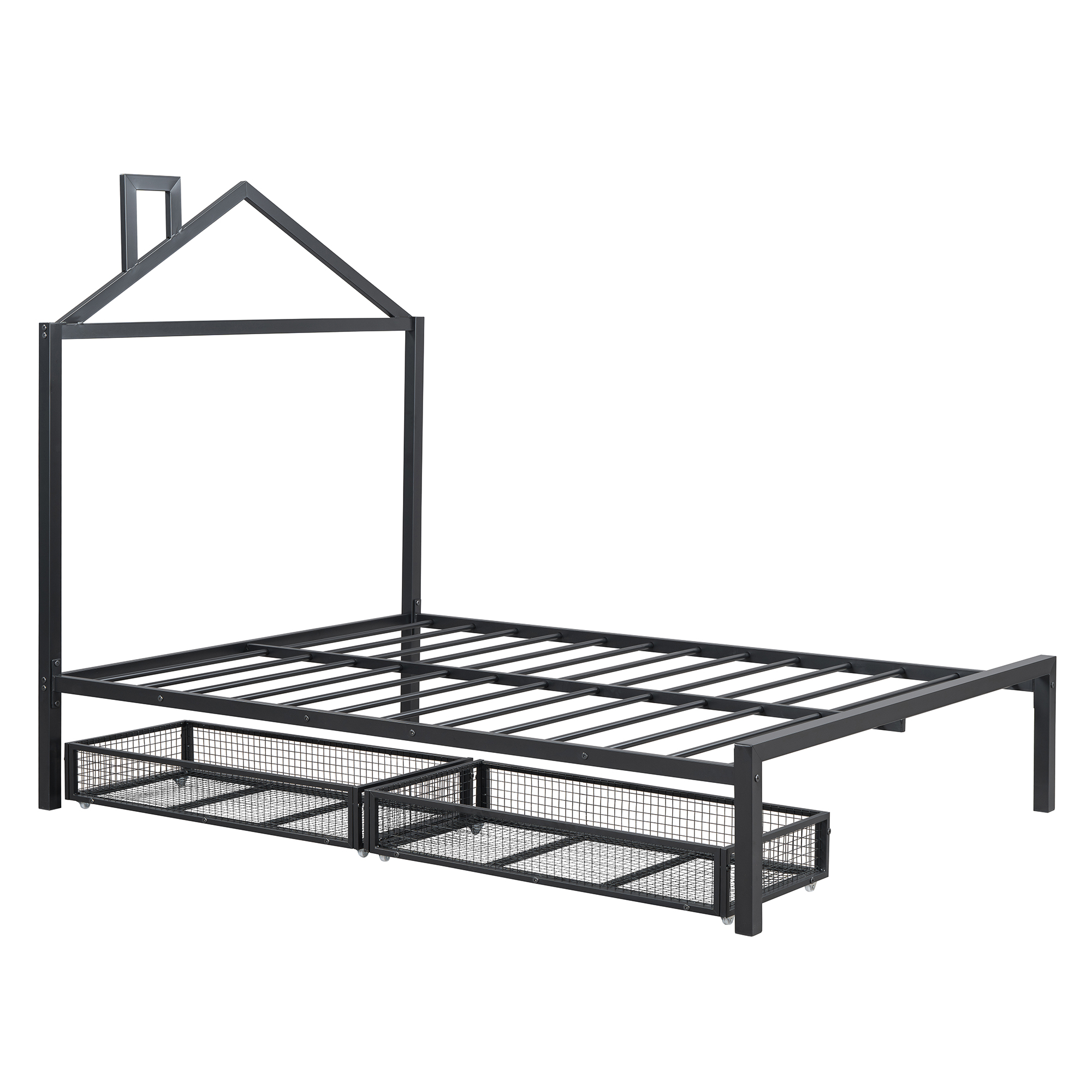 Full Size Metal Platform Bed with two drawers,House-Shaped Headboard Design, Black