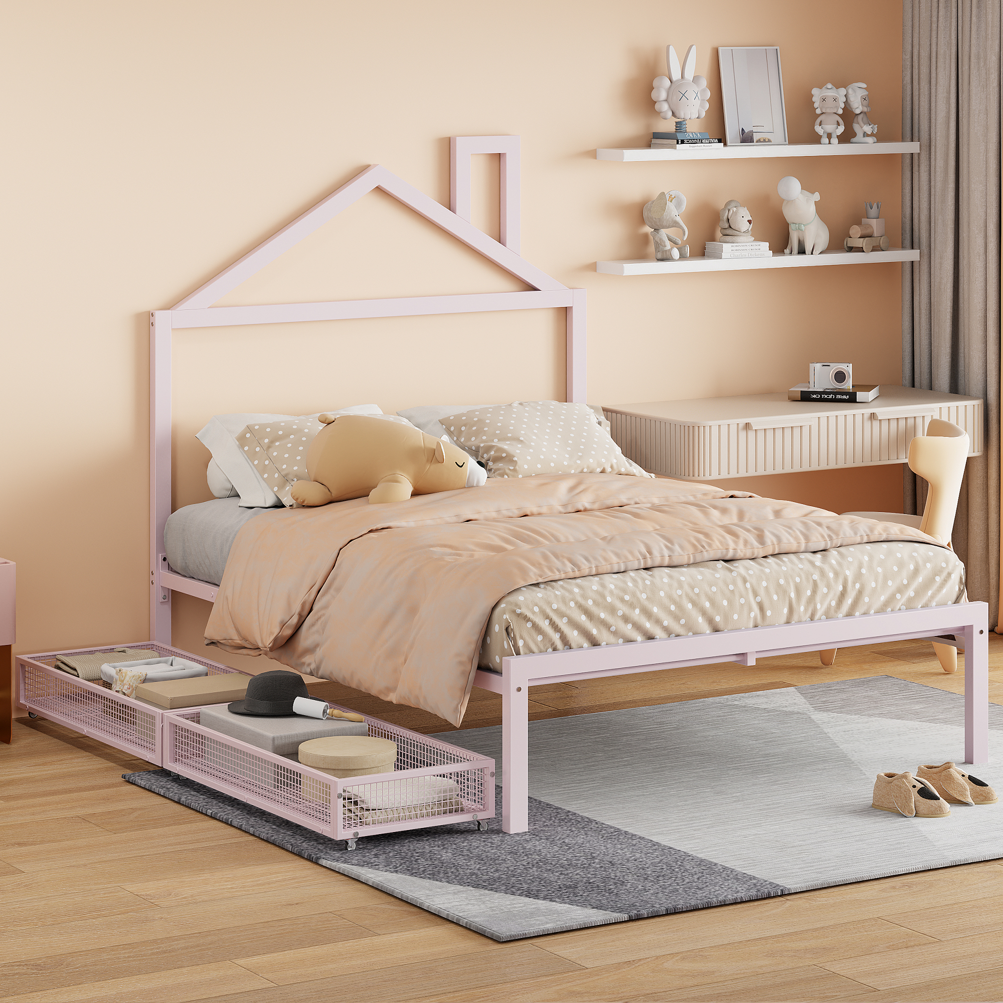 Full Size Metal Platform Bed with two drawers,House-Shaped Headboard Design, Pink