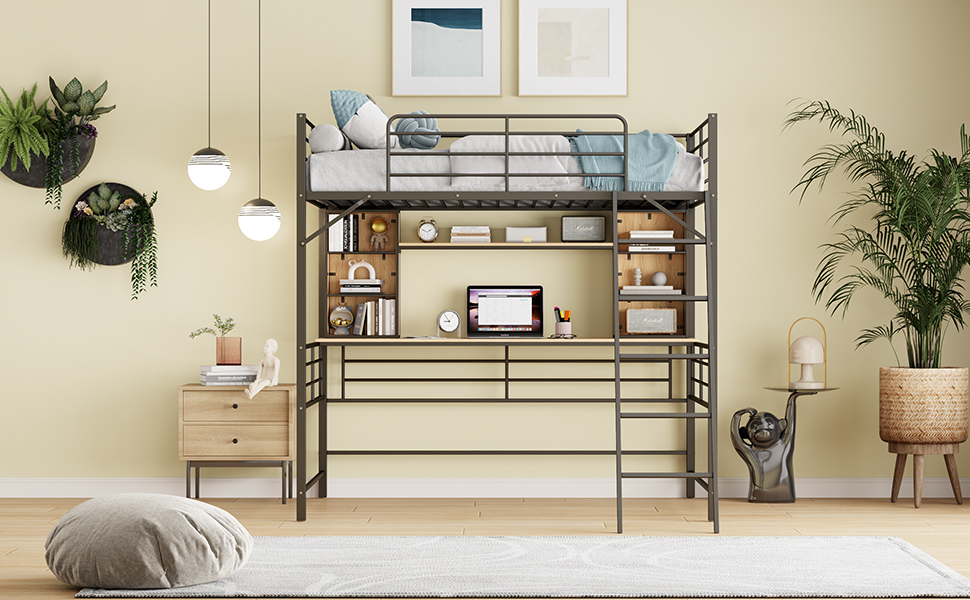 Full Size Loft Bed with Desk and Shelf , Loft Bed with Ladder,Full,Black