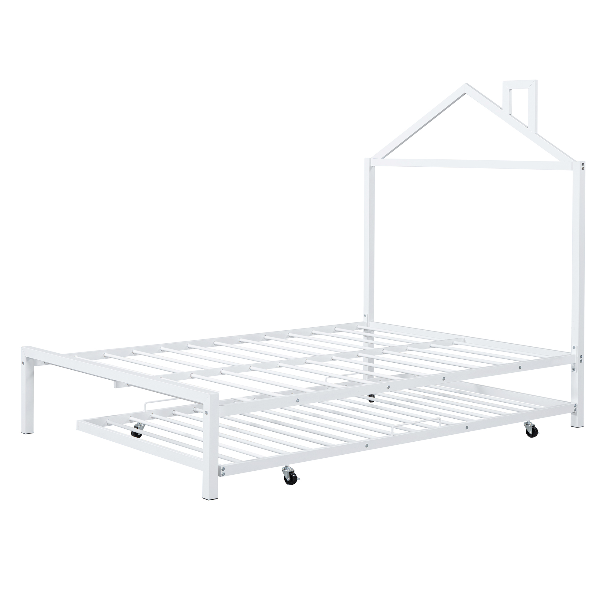 Full Size Metal Platform Bed with twin size trundle,House-Shaped Headboard Design, White