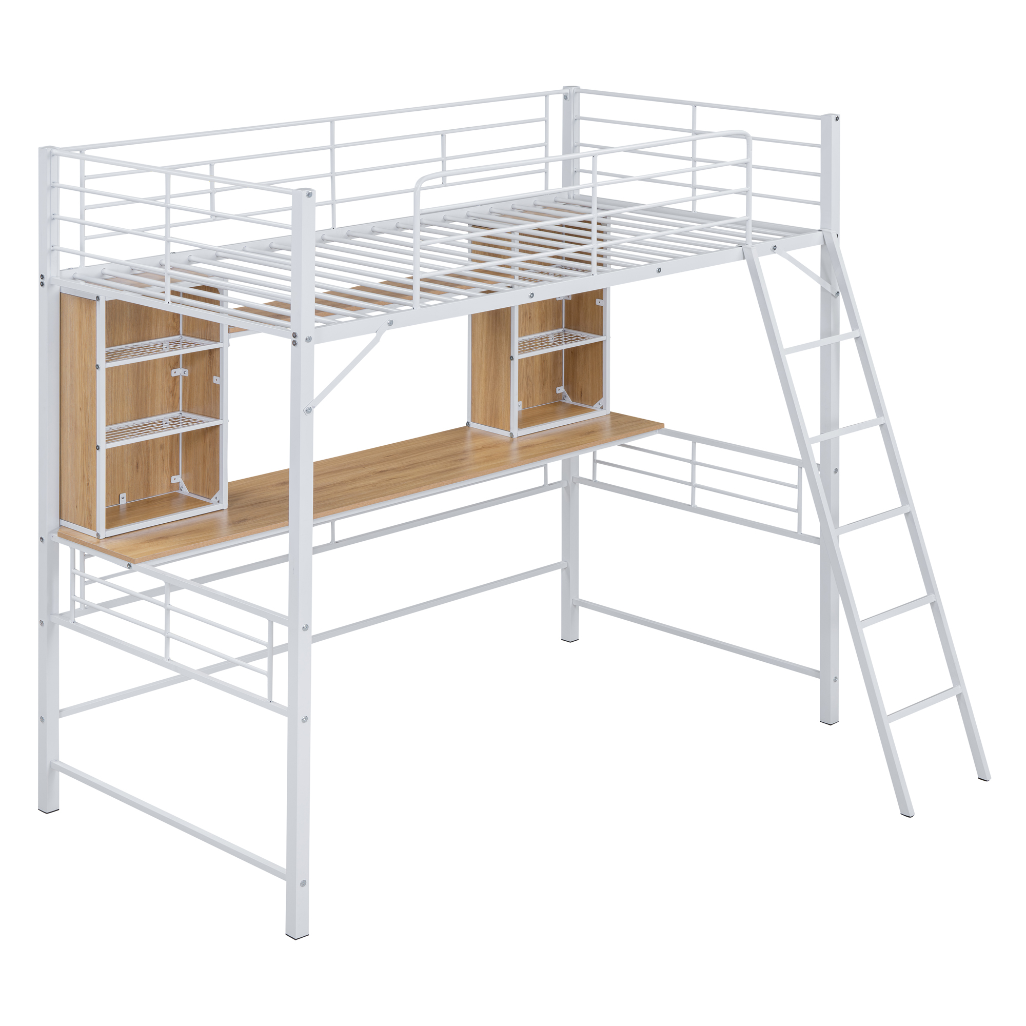 Twin Size Loft Bed with Desk and Shelf , Loft Bed with Ladder,Twin,White