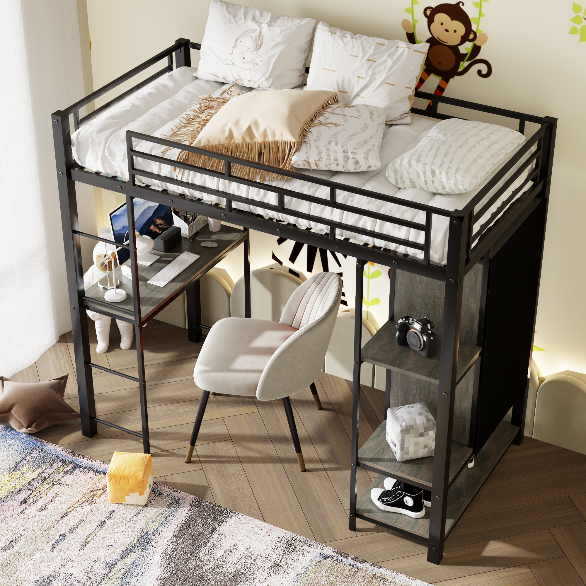 Twin Size Metal Loft Bed with Built-in Wardrobe, Desk and Shelves, Black (Expected Arrival Time: 9.3)