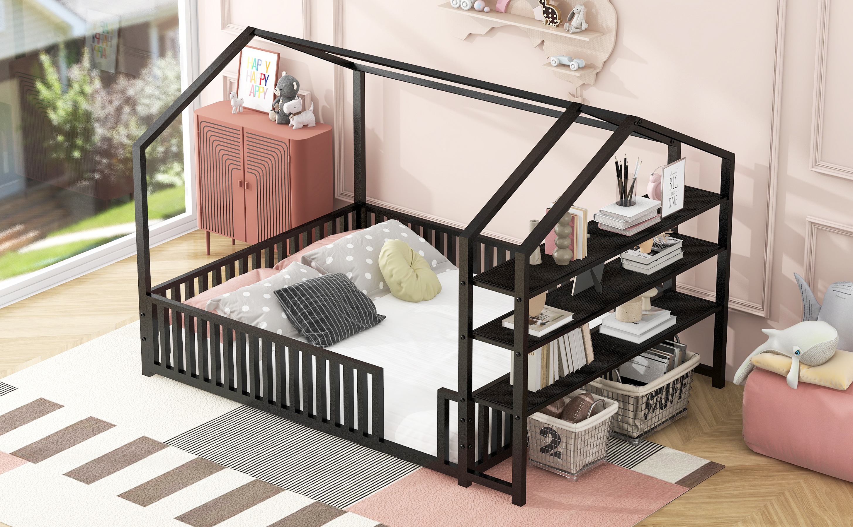 Full Size Metal House Bed with Fence and Detachable Storage Shelves, Black