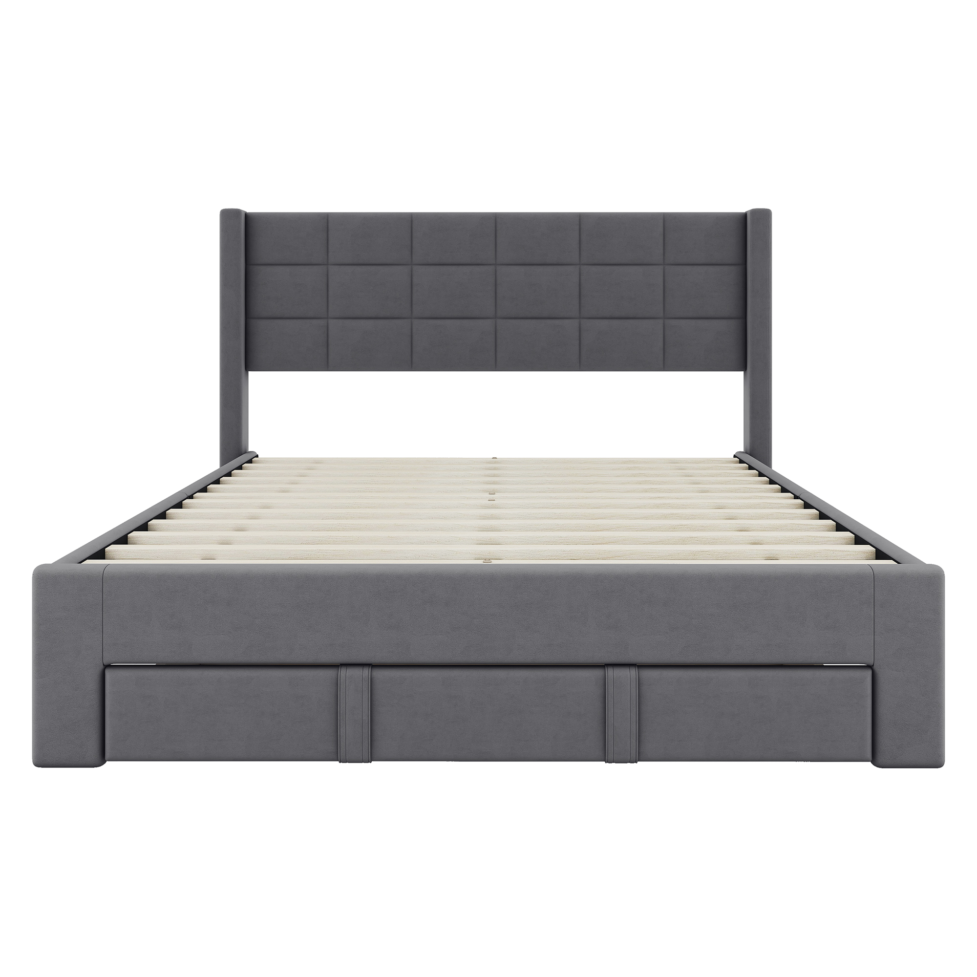 Queen Size Upholstered Platform Bed with A Big Drawer, Gray