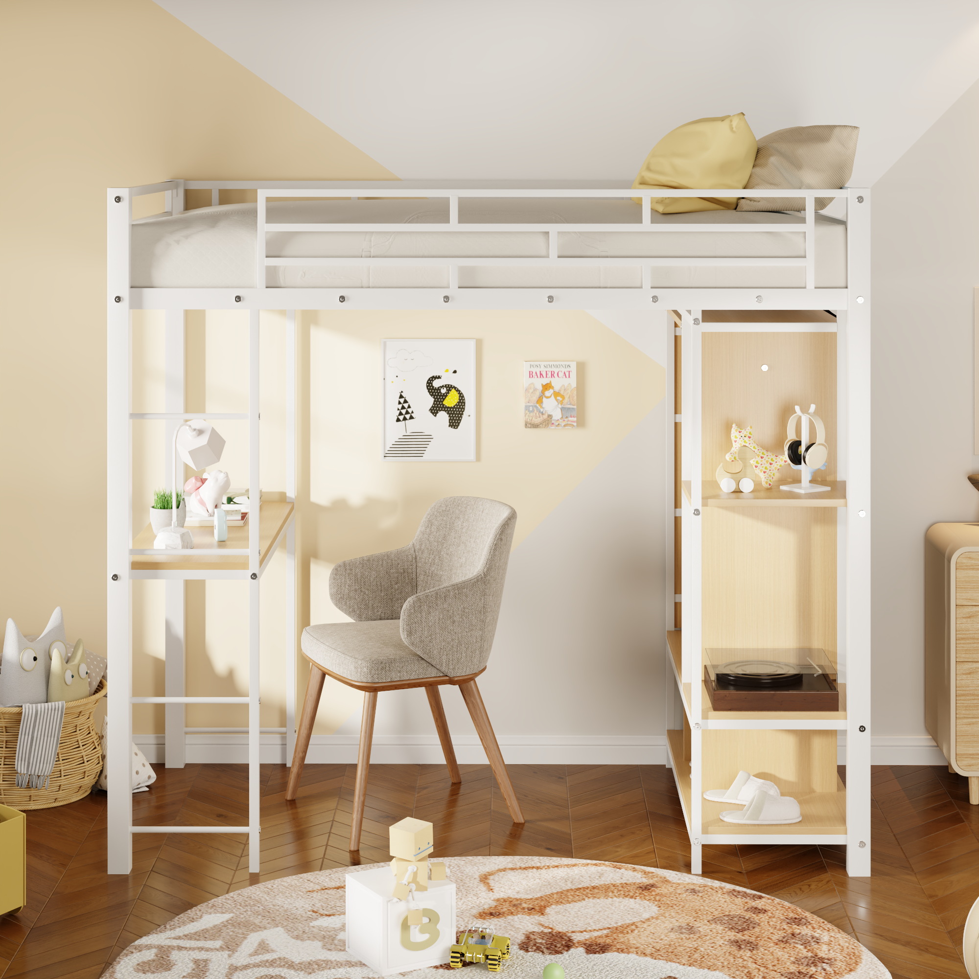 Twin Size Metal Loft Bed with Built-in Wardrobe, Desk and Shelves, Black (Expected Arrival Time: 9.3)