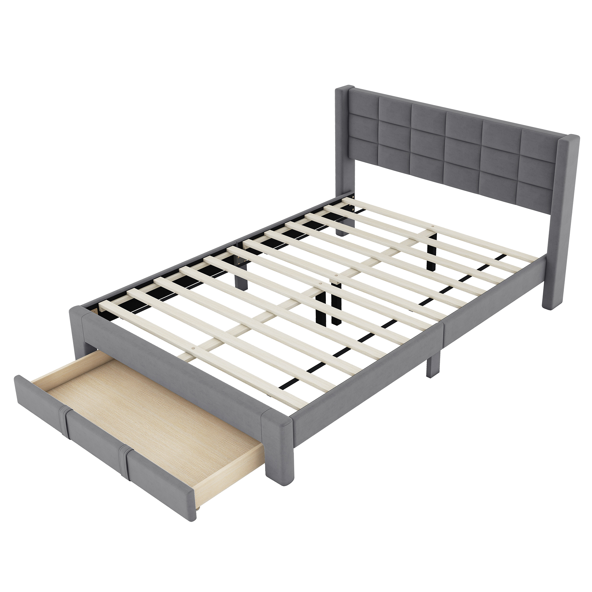 Queen Size Upholstered Platform Bed with A Big Drawer, Gray