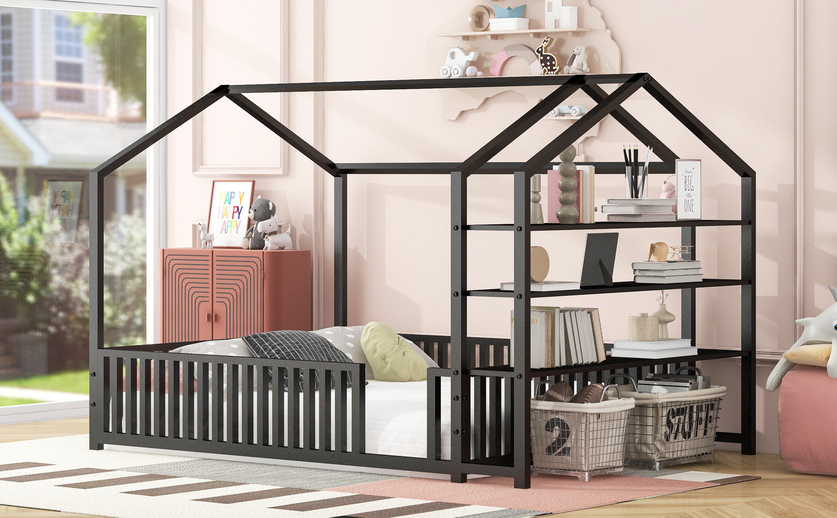 Full Size Metal House Bed with Fence and Detachable Storage Shelves, Black