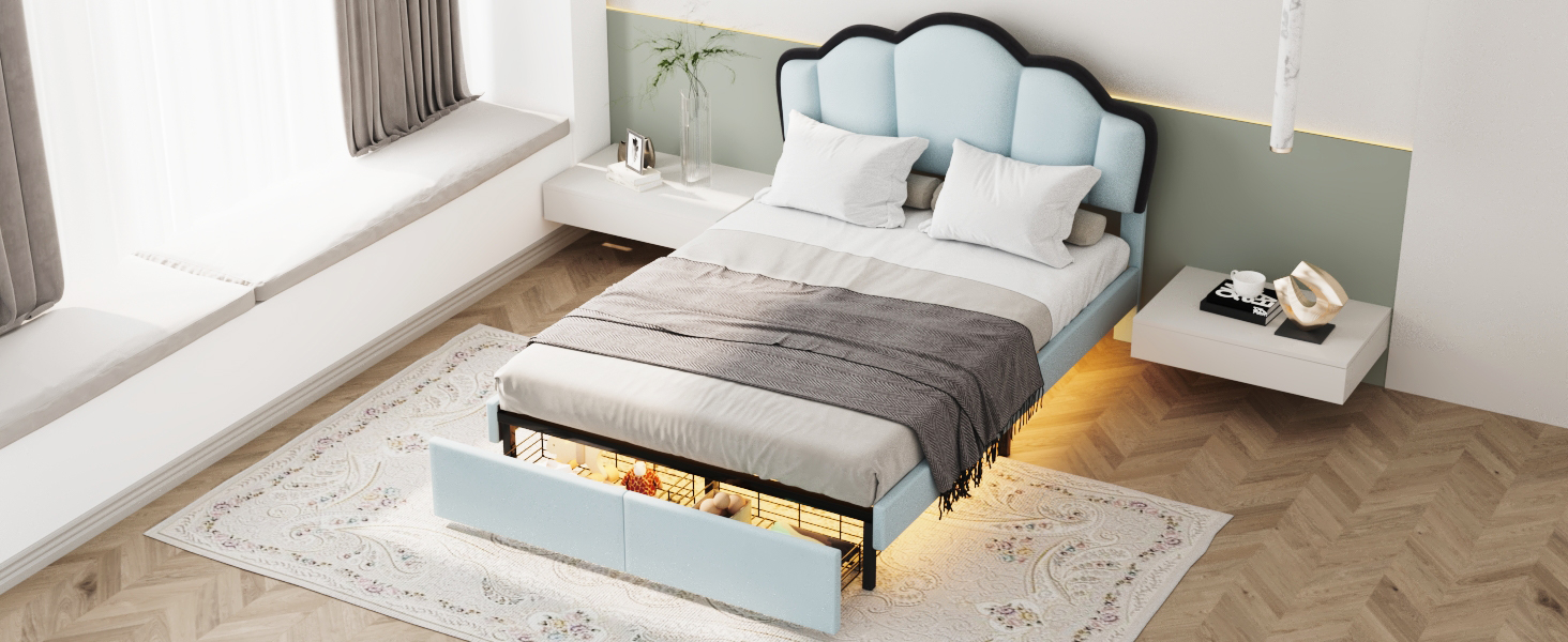 Full Size Upholstered Princess Platform Bed with LED and 2 Storage Drawers, Blue