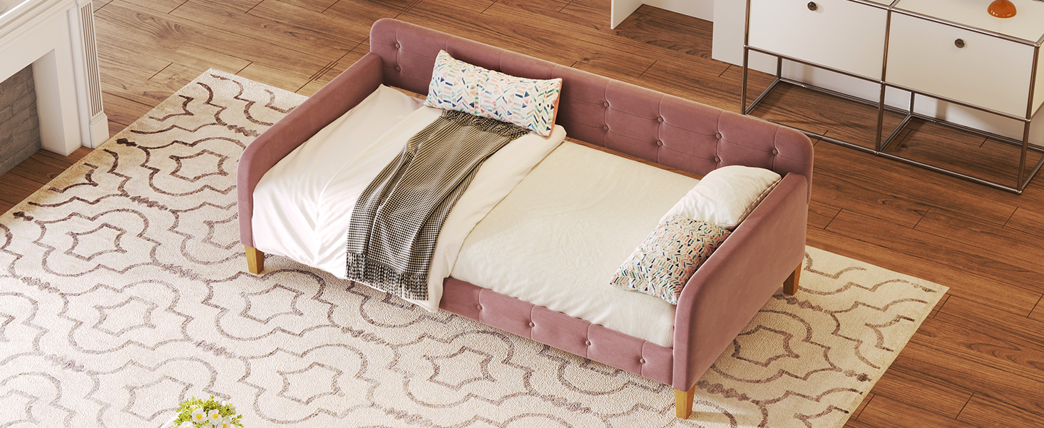 Twin Size Upholstered Daybed with 4 Support Legs, Pink