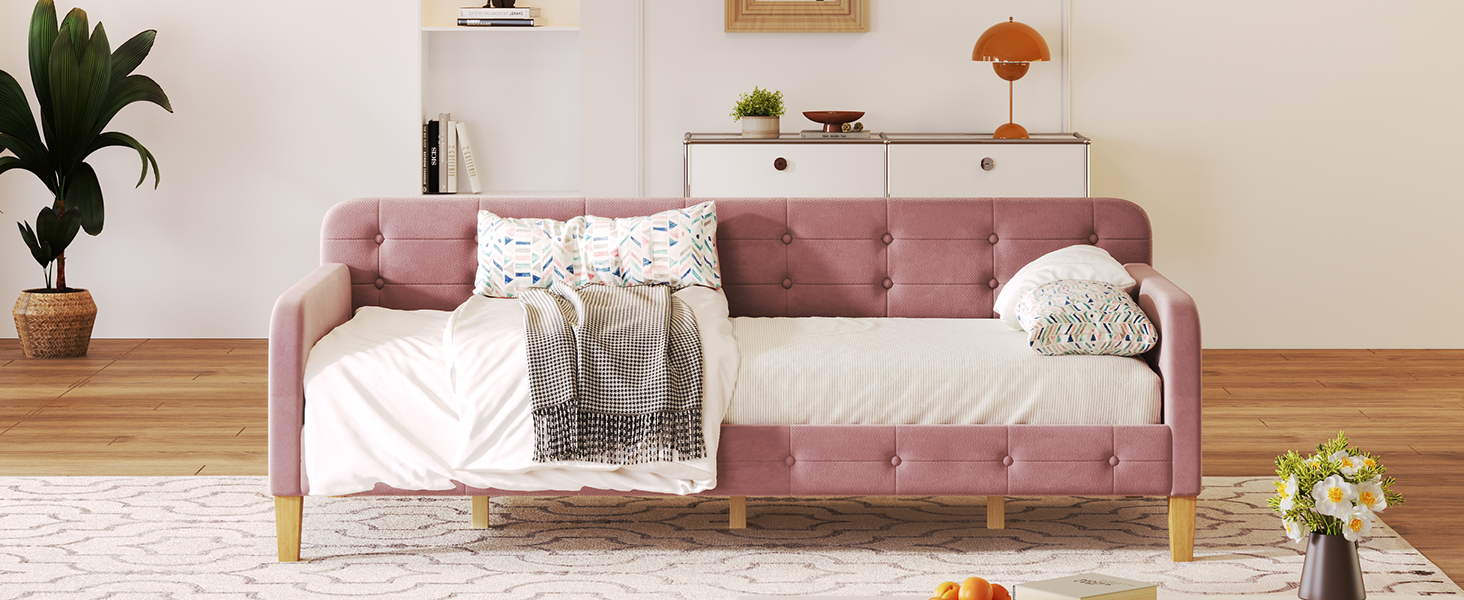 Twin Size Upholstered Daybed with 4 Support Legs, Pink