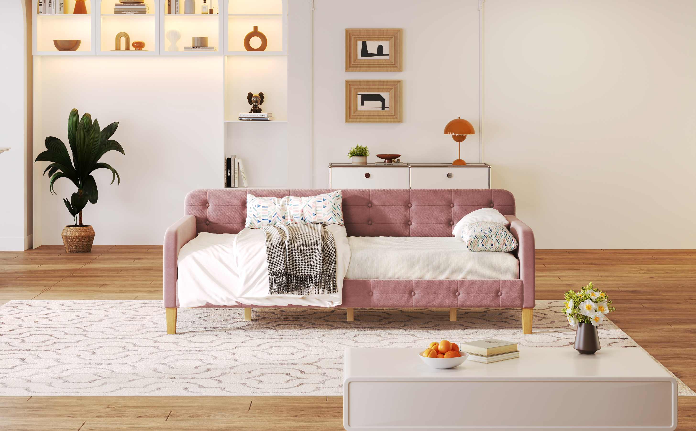 Twin Size Upholstered Daybed with 4 Support Legs, Pink