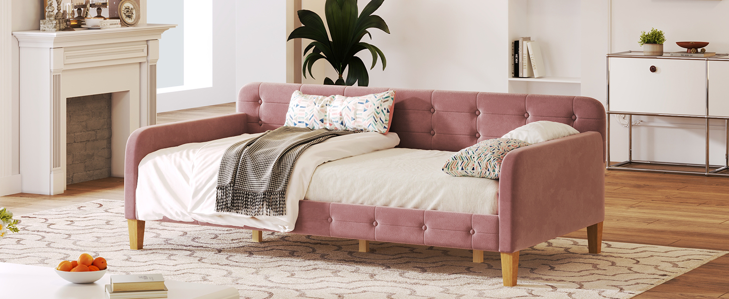 Twin Size Upholstered Daybed with 4 Support Legs, Pink