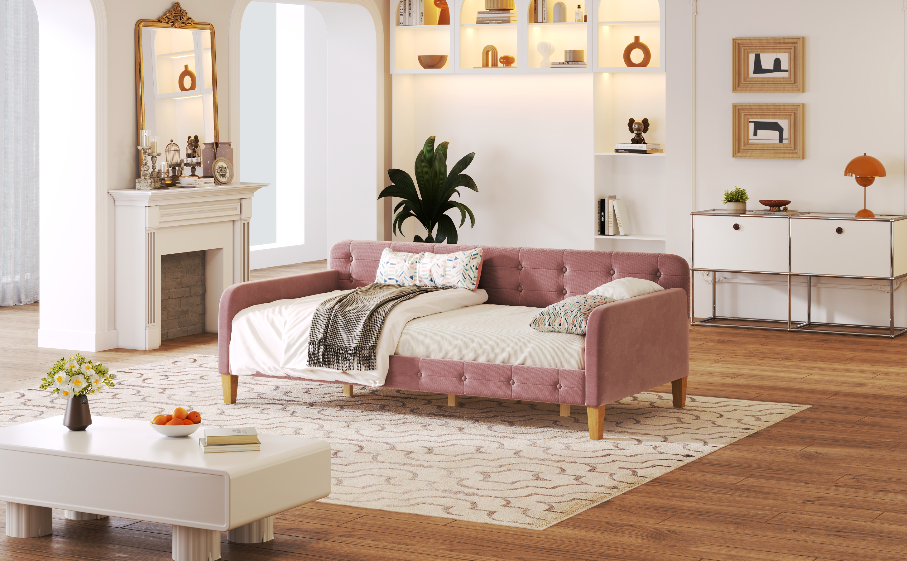 Twin Size Upholstered Daybed with 4 Support Legs, Pink