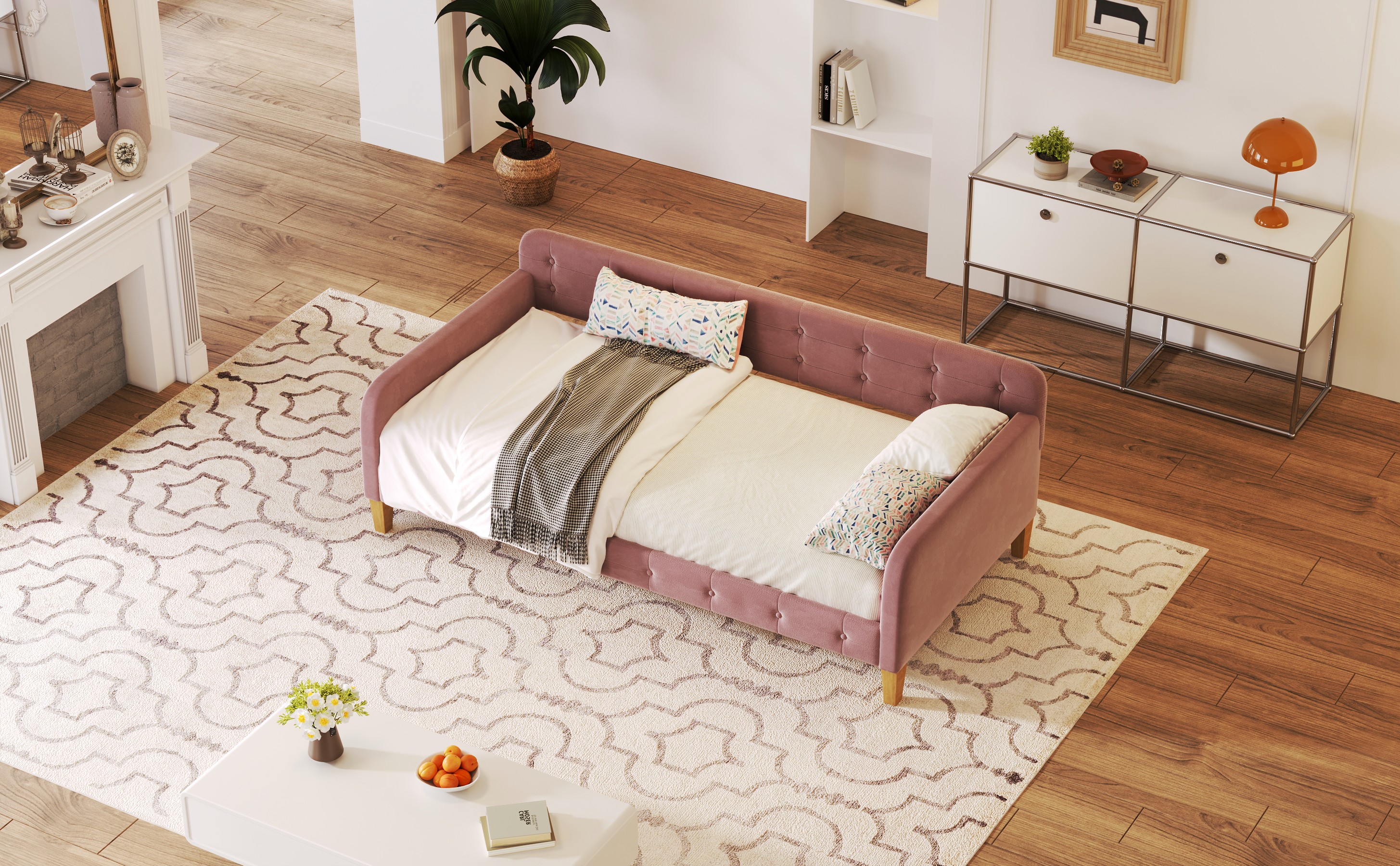 Twin Size Upholstered Daybed with 4 Support Legs, Pink