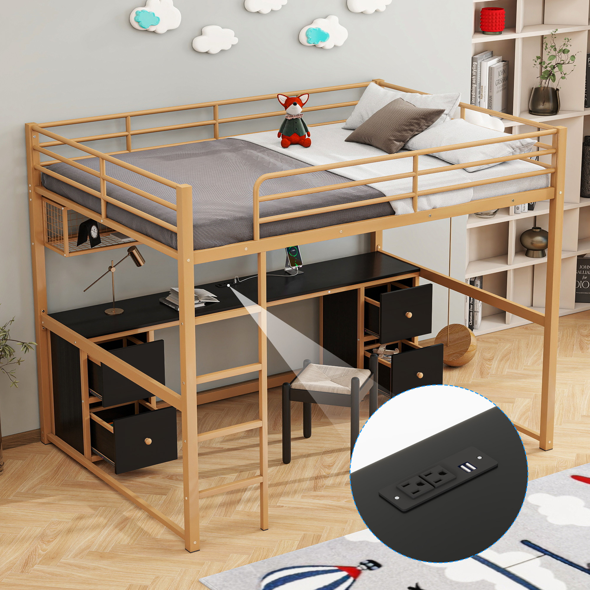 Full Size Metal Loft Bed with Desk, Drawers and Bedside Tray, Charging Station, USB and socket