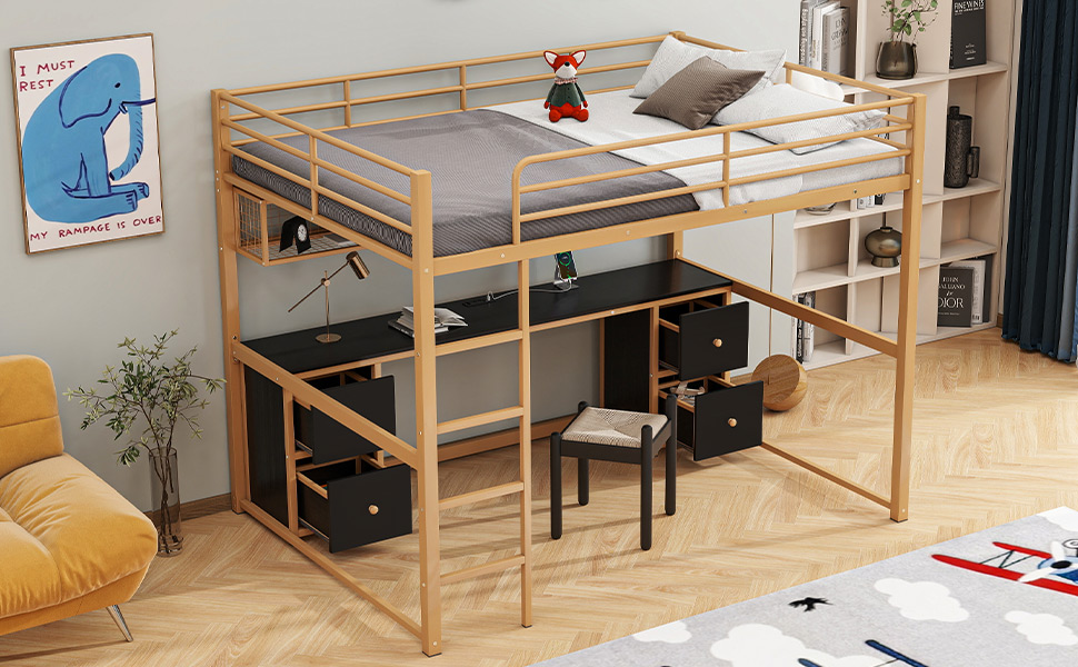 Full Size Metal Loft Bed with Desk, Drawers and Bedside Tray, Charging Station, USB and socket