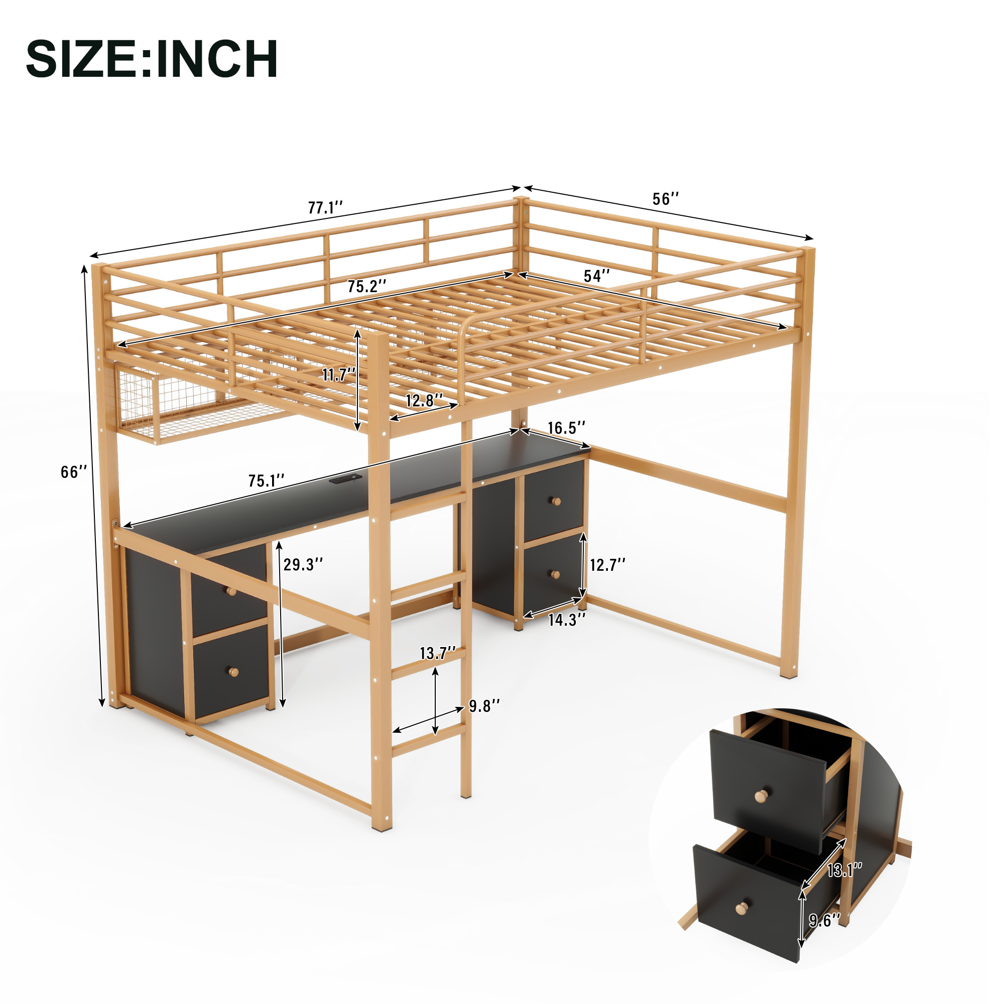 Full Size Metal Loft Bed with Desk, Drawers and Bedside Tray, Charging Station, USB and socket