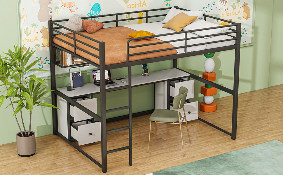 Full Size Metal Loft Bed with Desk, Drawers and Bedside Tray, Charging Station, USB and socket