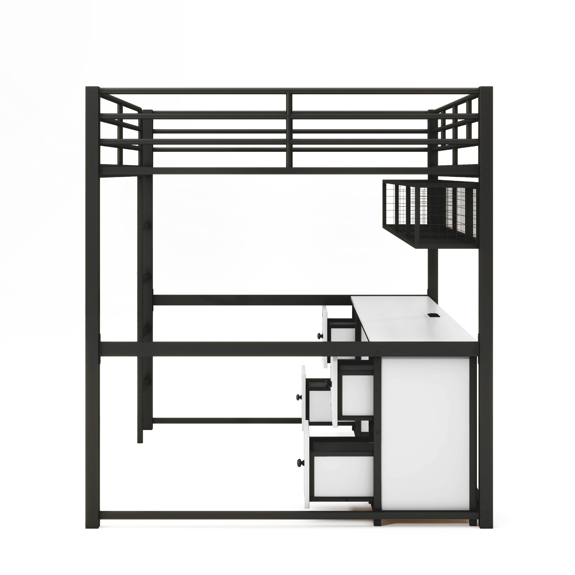 Full Size Metal Loft Bed with Desk, Drawers and Bedside Tray, Charging Station, USB and socket