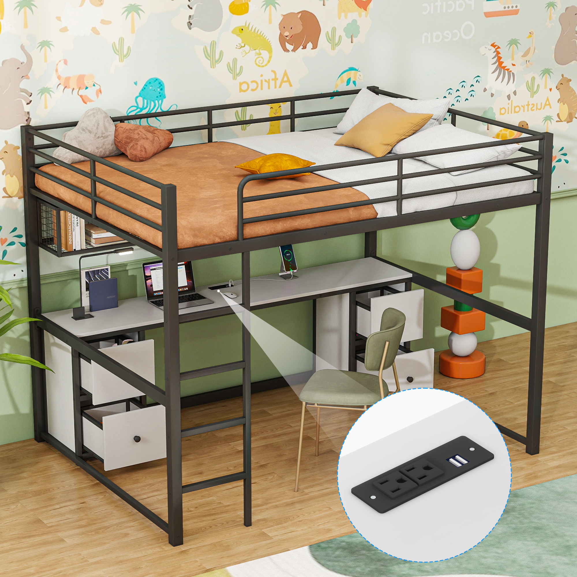 Full Size Metal Loft Bed with Desk, Drawers and Bedside Tray, Charging Station, USB and socket