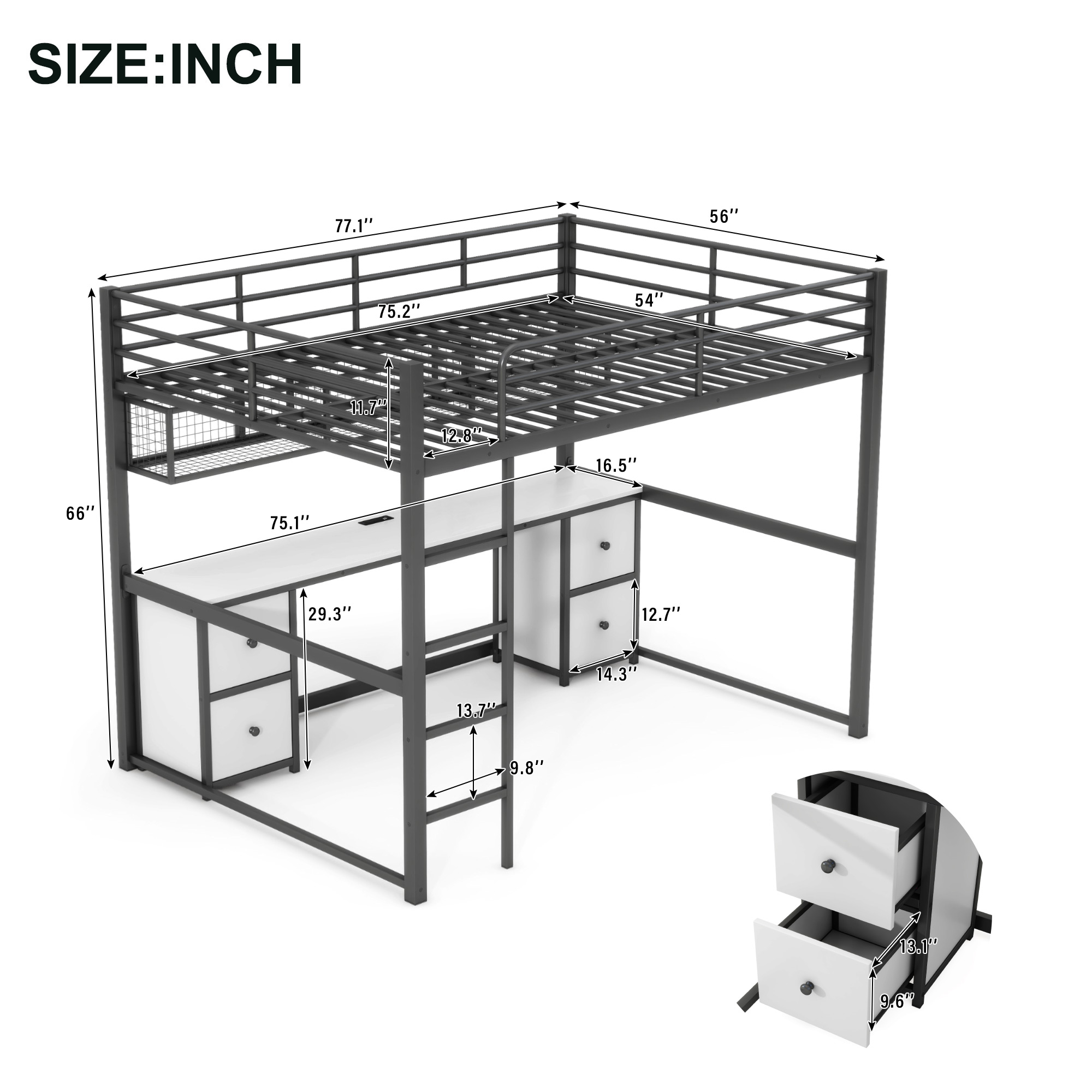 Full Size Metal Loft Bed with Desk, Drawers and Bedside Tray, Charging Station, USB and socket