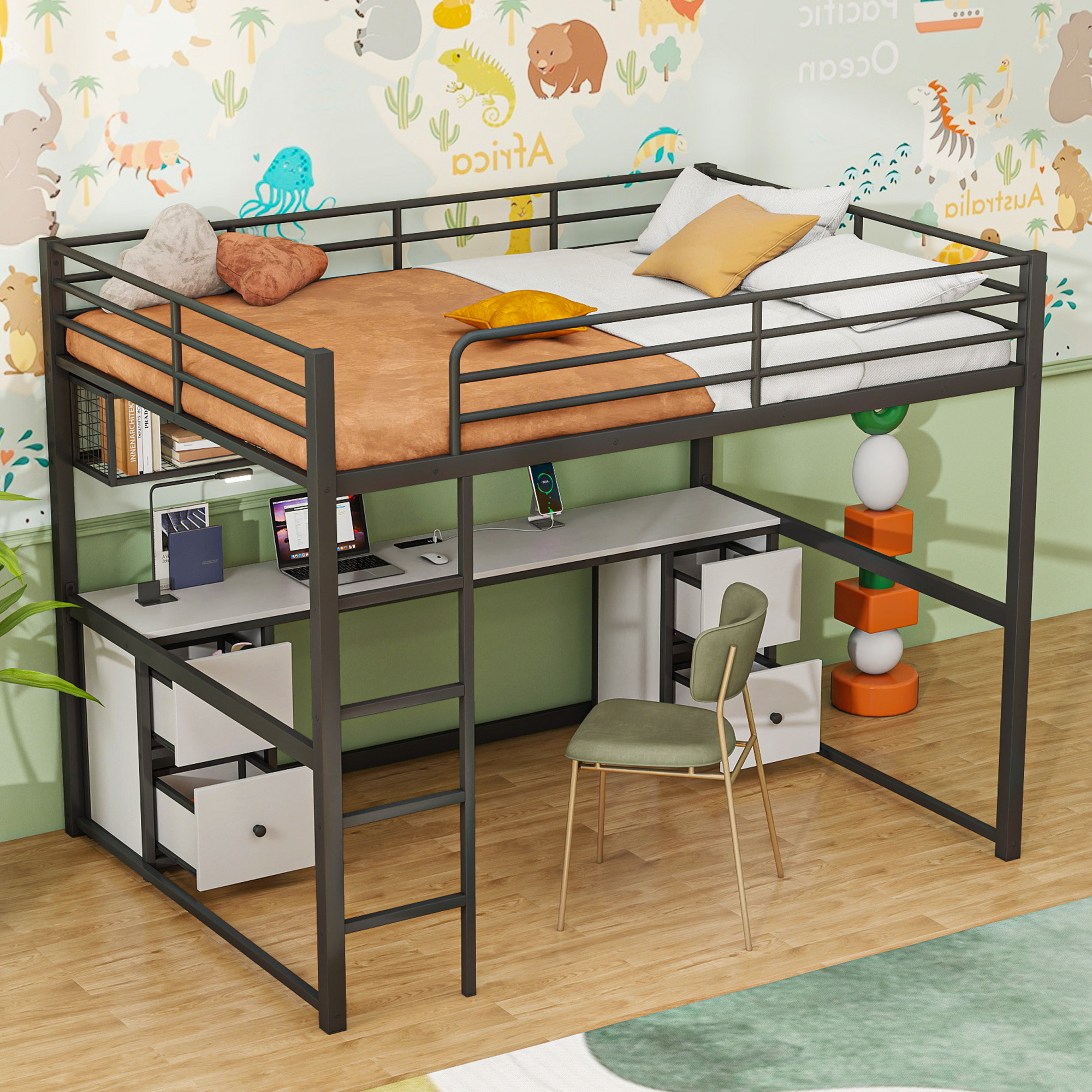 Full Size Metal Loft Bed with Desk, Drawers and Bedside Tray, Charging Station, USB and socket