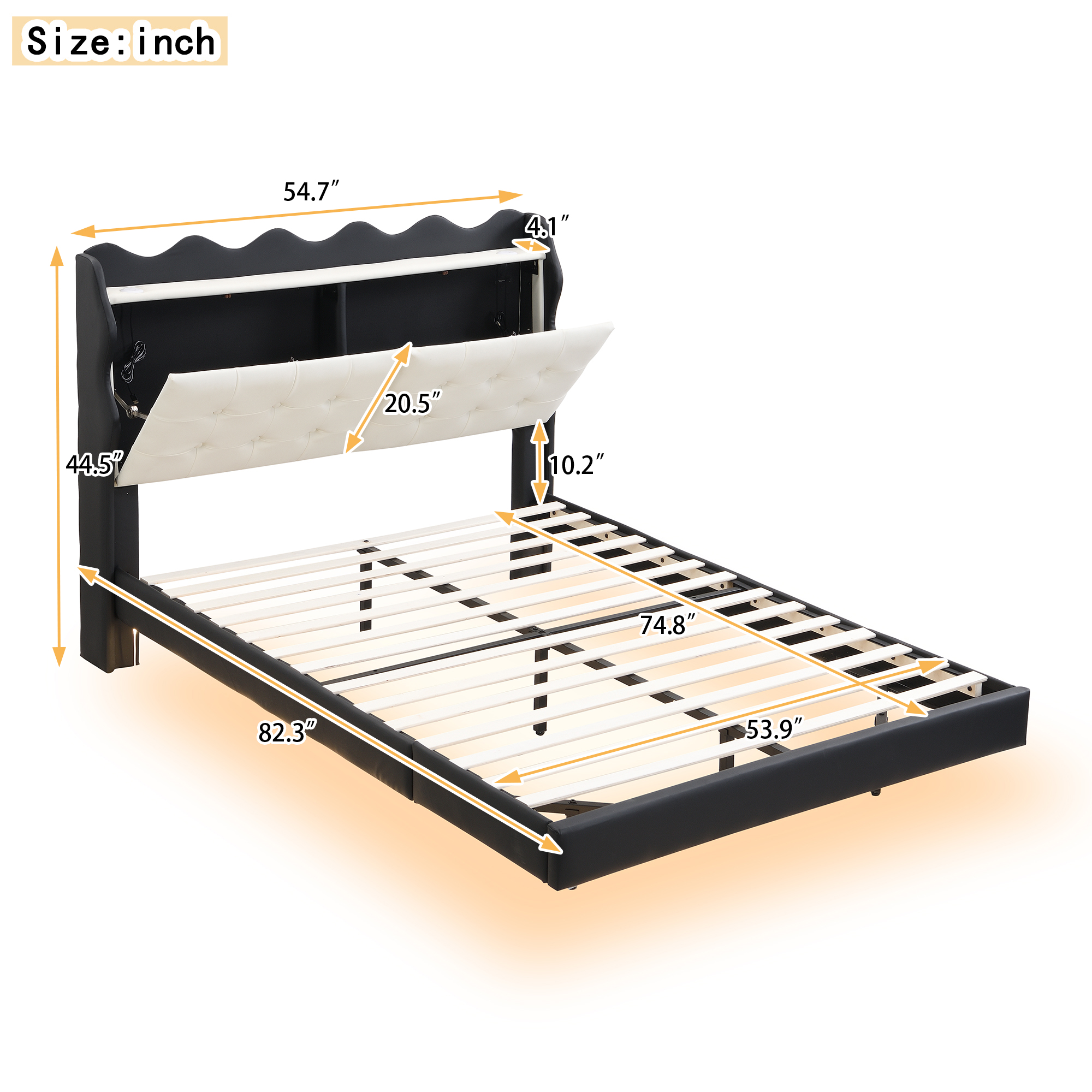 Full Size Upholstery Platform Bed Frame with LED Light Strips and Built-in Storage Space,Black