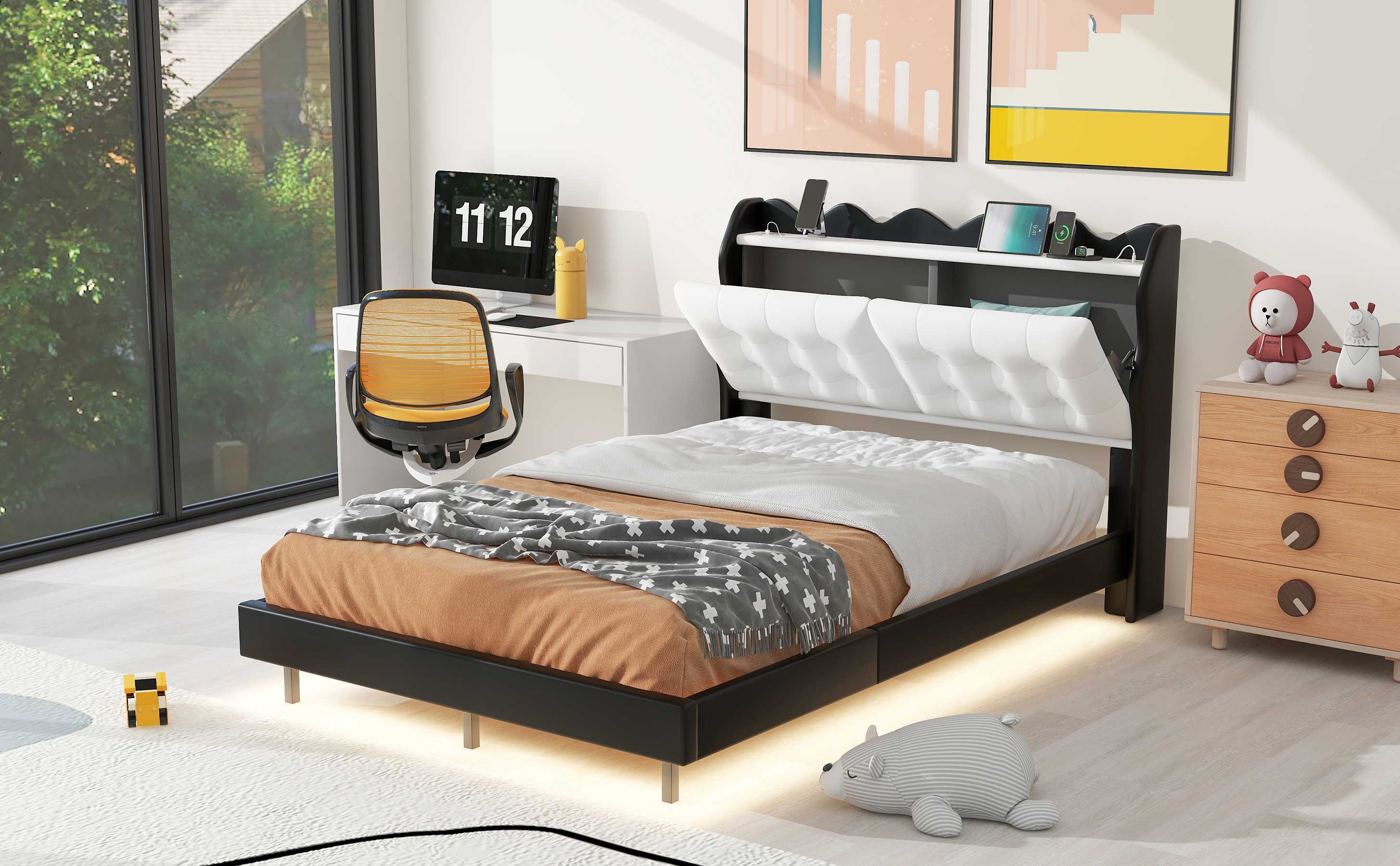 Full Size Upholstery Platform Bed Frame with LED Light Strips and Built-in Storage Space,Black