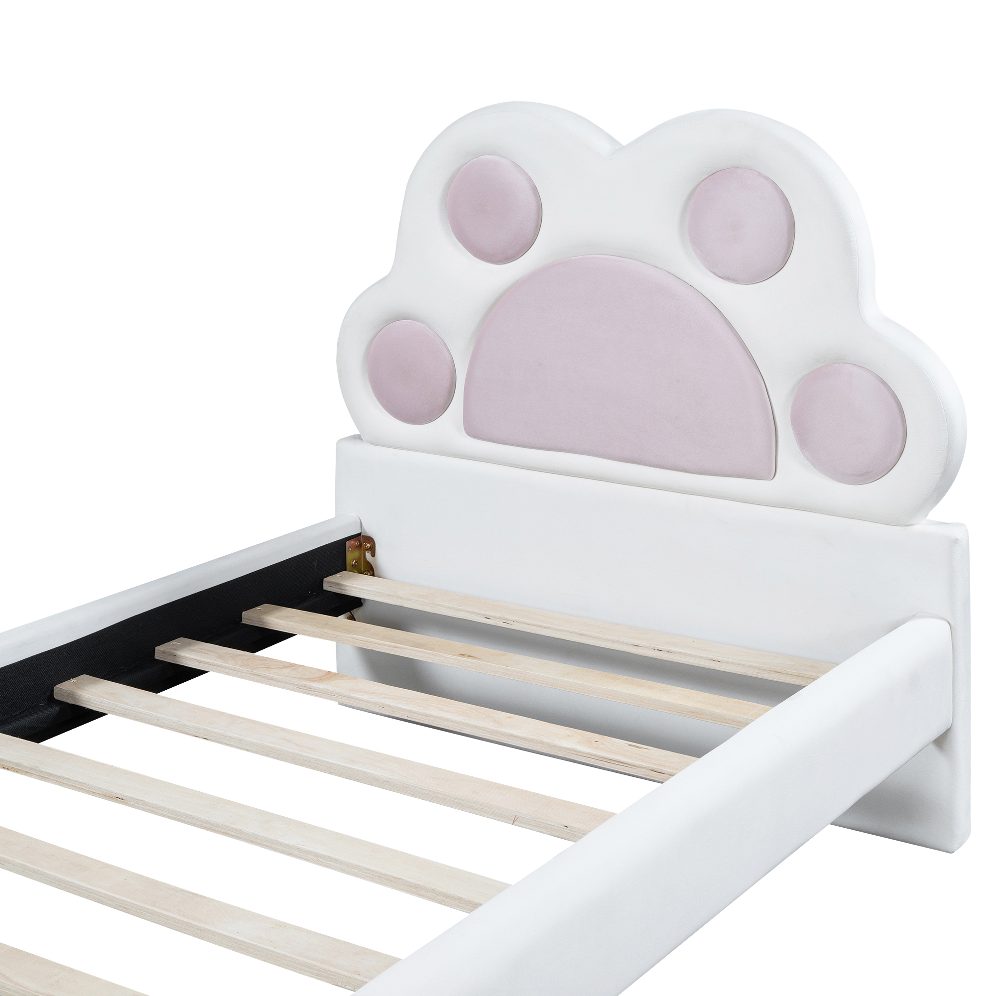 Twin Size Upholstered Platform Bed with Animal Paw Shaped Headboard and LED, Pink