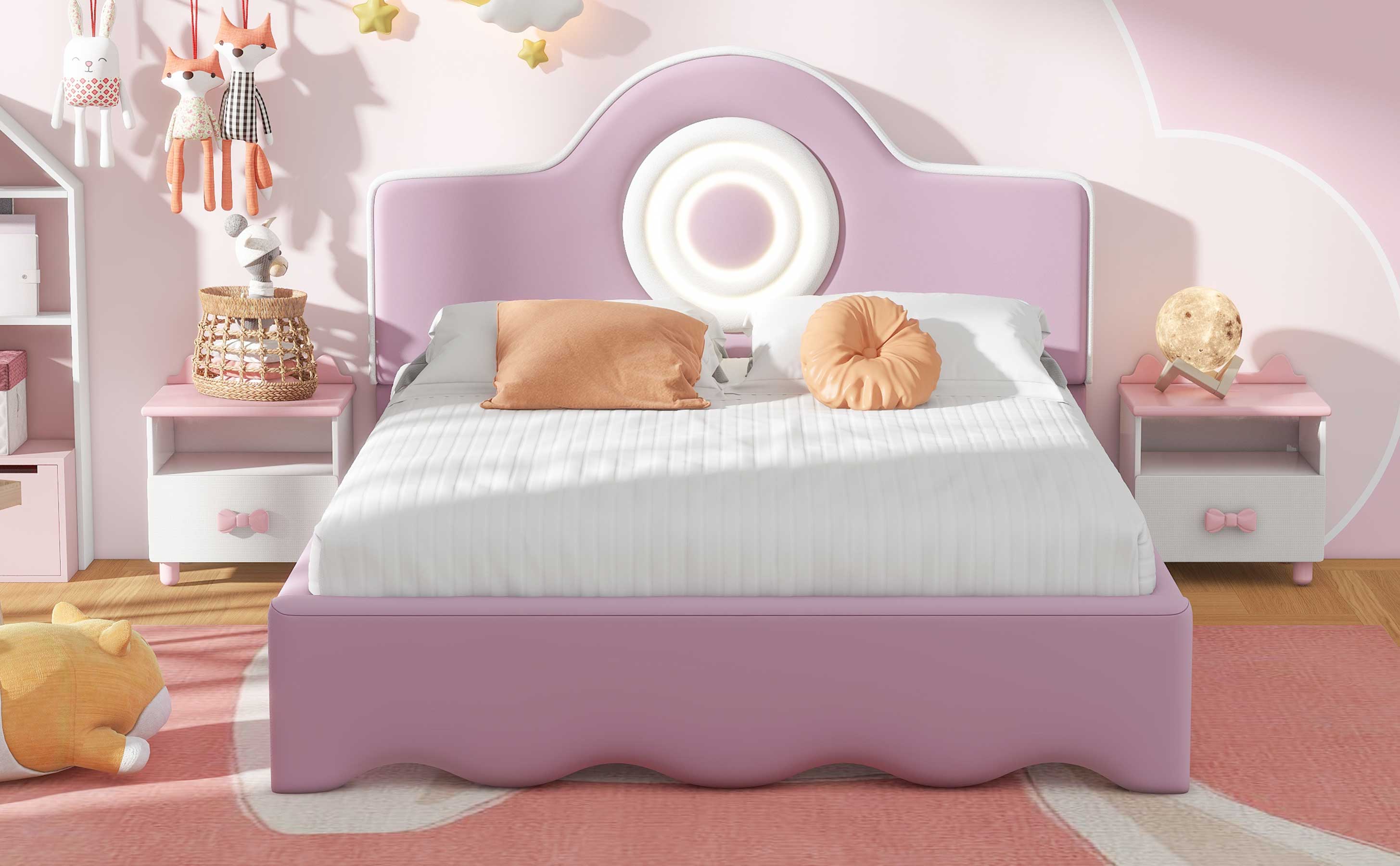 Full Size Upholstered Platform Bed with LED Headboard, Pink