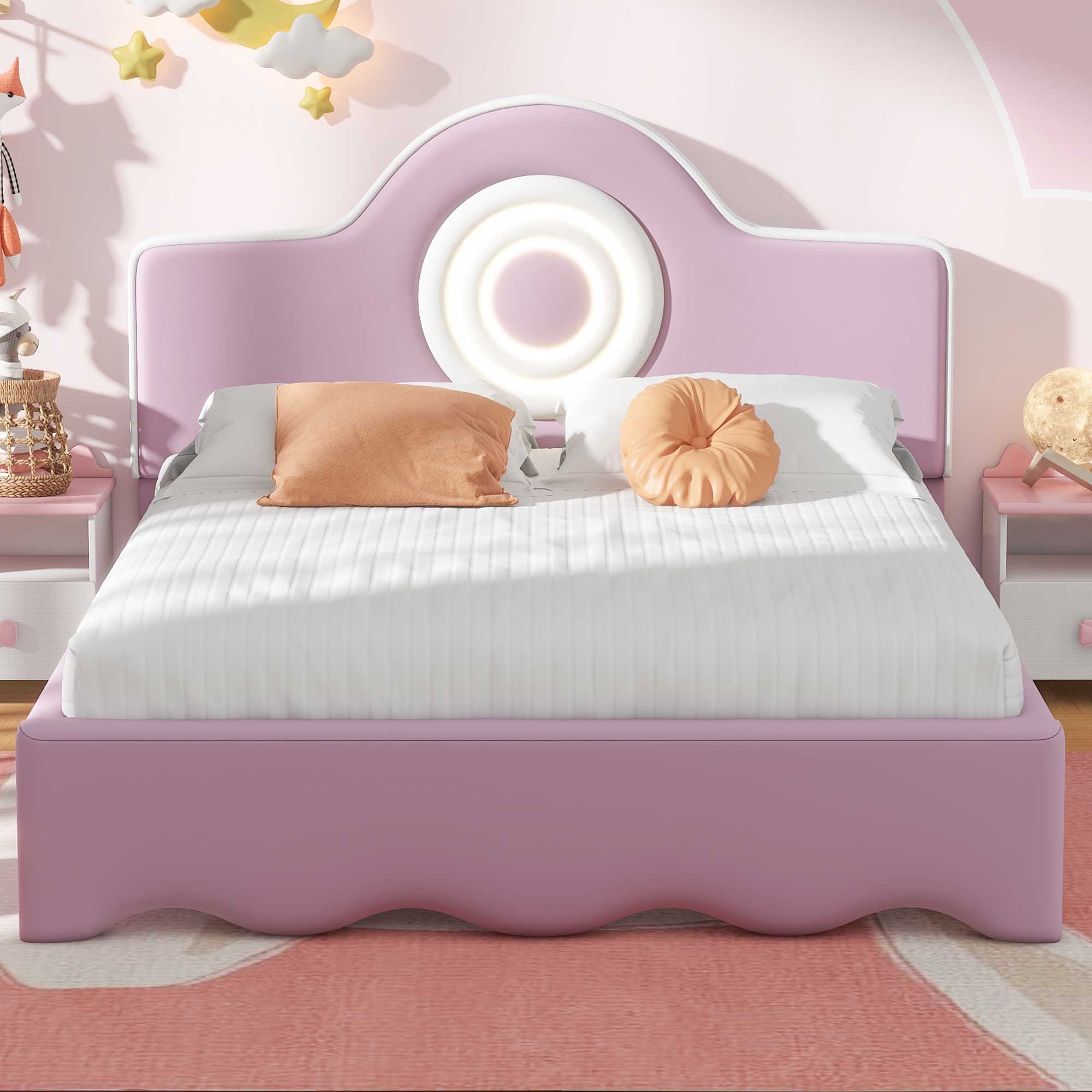 Full Size Upholstered Platform Bed with LED Headboard, Pink