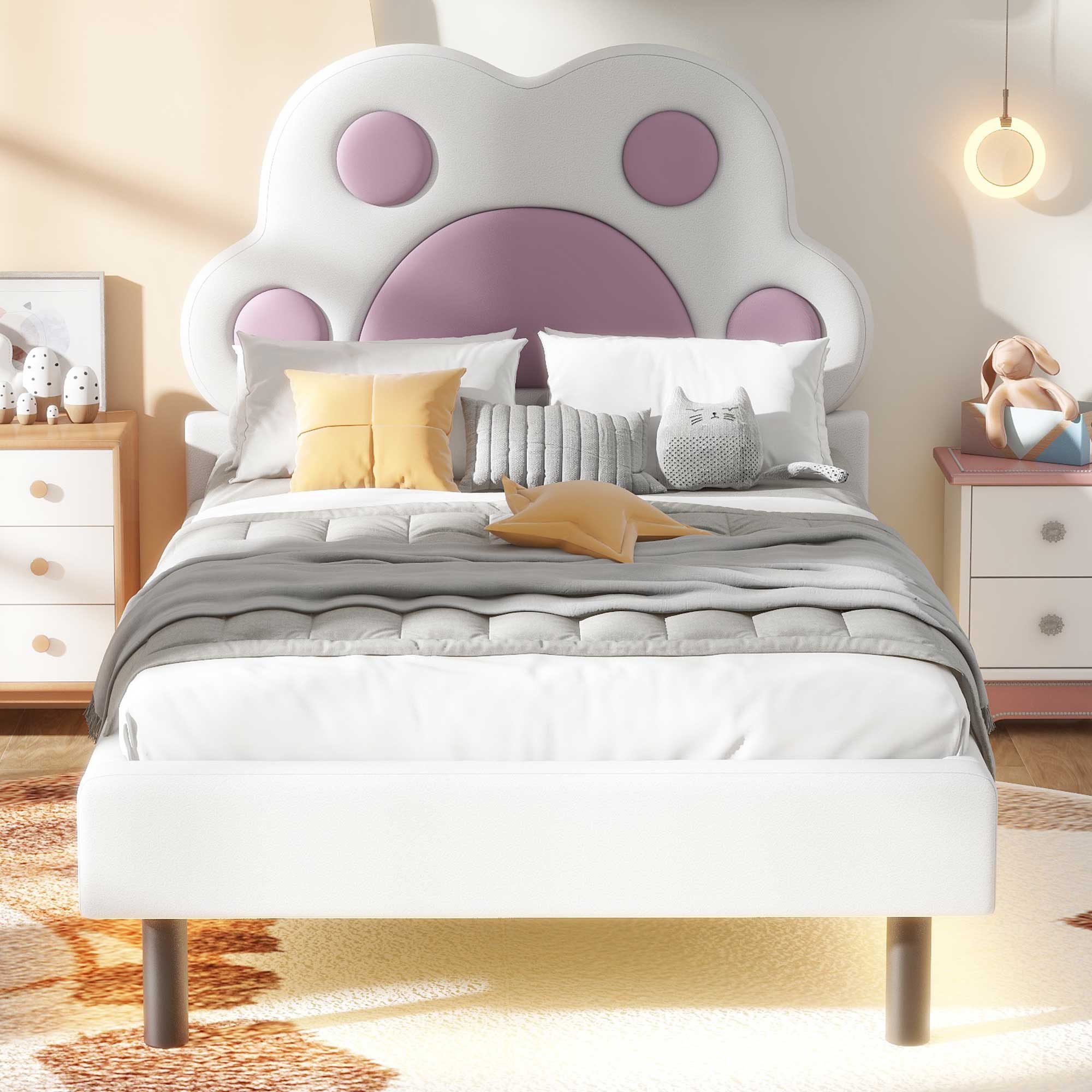 Twin Size Upholstered Platform Bed with Animal Paw Shaped Headboard and LED, Pink