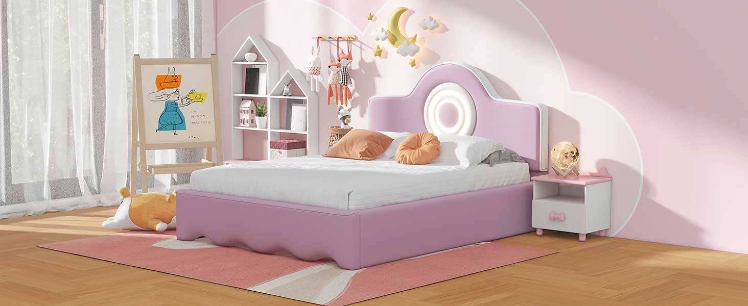 Full Size Upholstered Platform Bed with LED Headboard, Pink