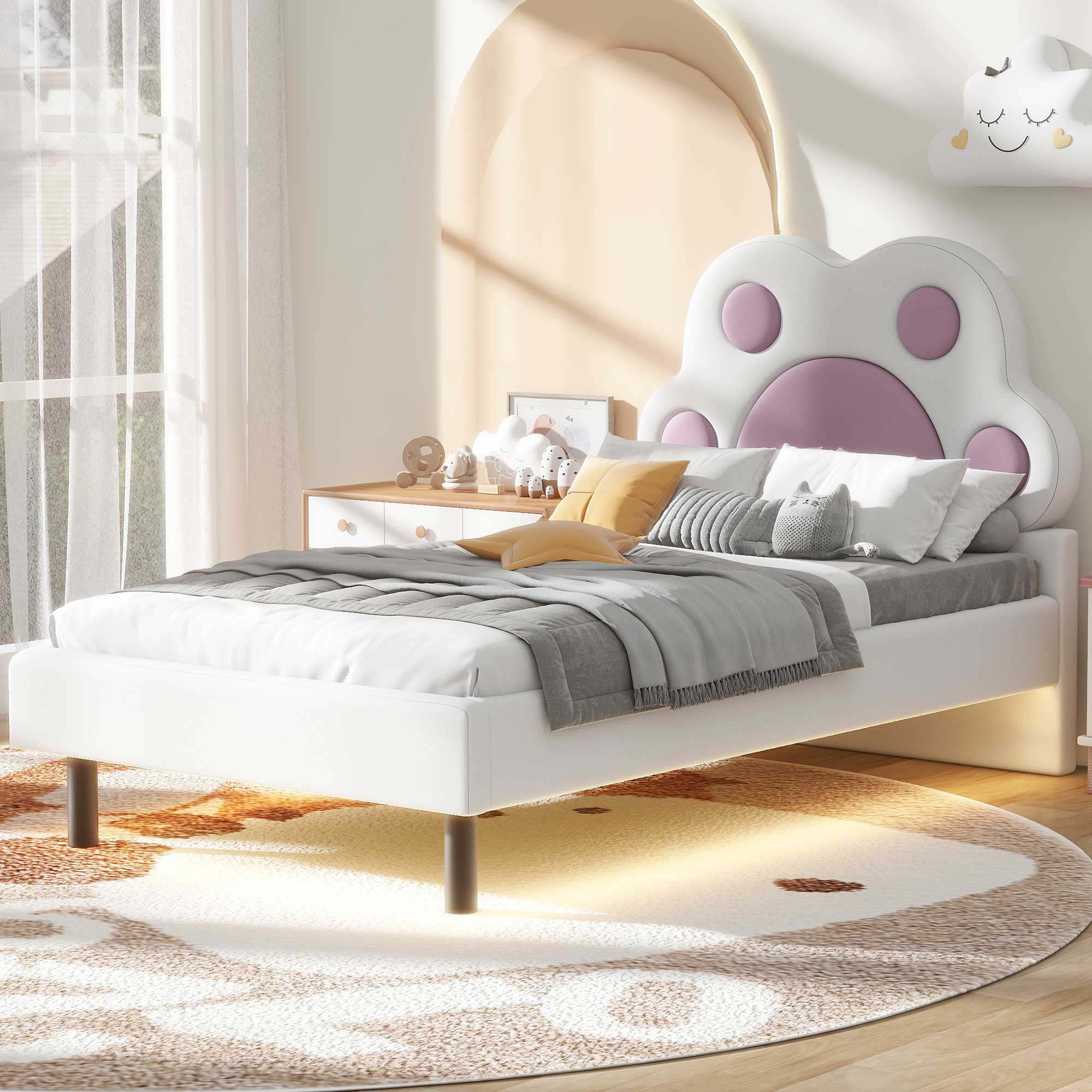 Twin Size Upholstered Platform Bed with Animal Paw Shaped Headboard and LED, Pink