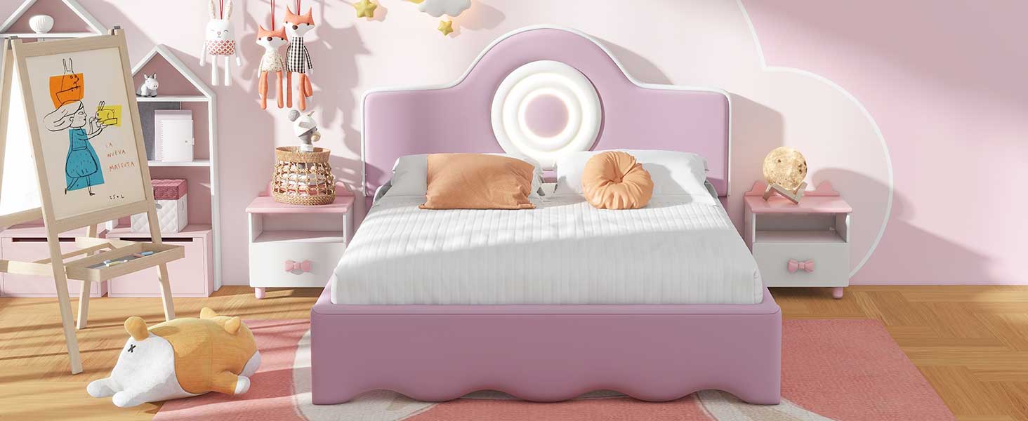 Full Size Upholstered Platform Bed with LED Headboard, Pink