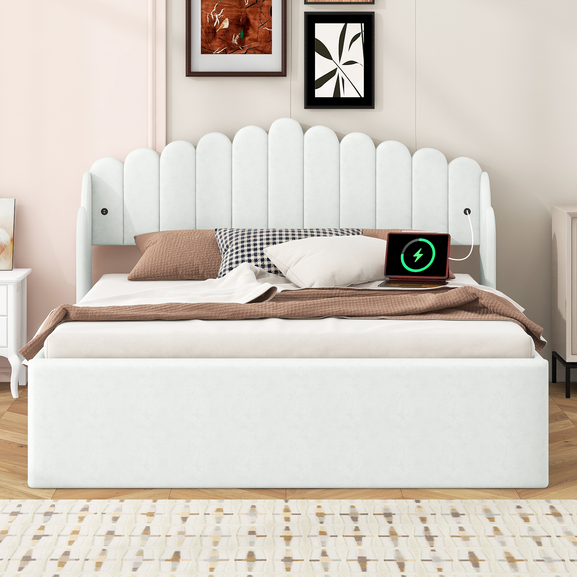 Queen Size Upholstered Platform Bed with 4 Drawers and 2 USB, Beige