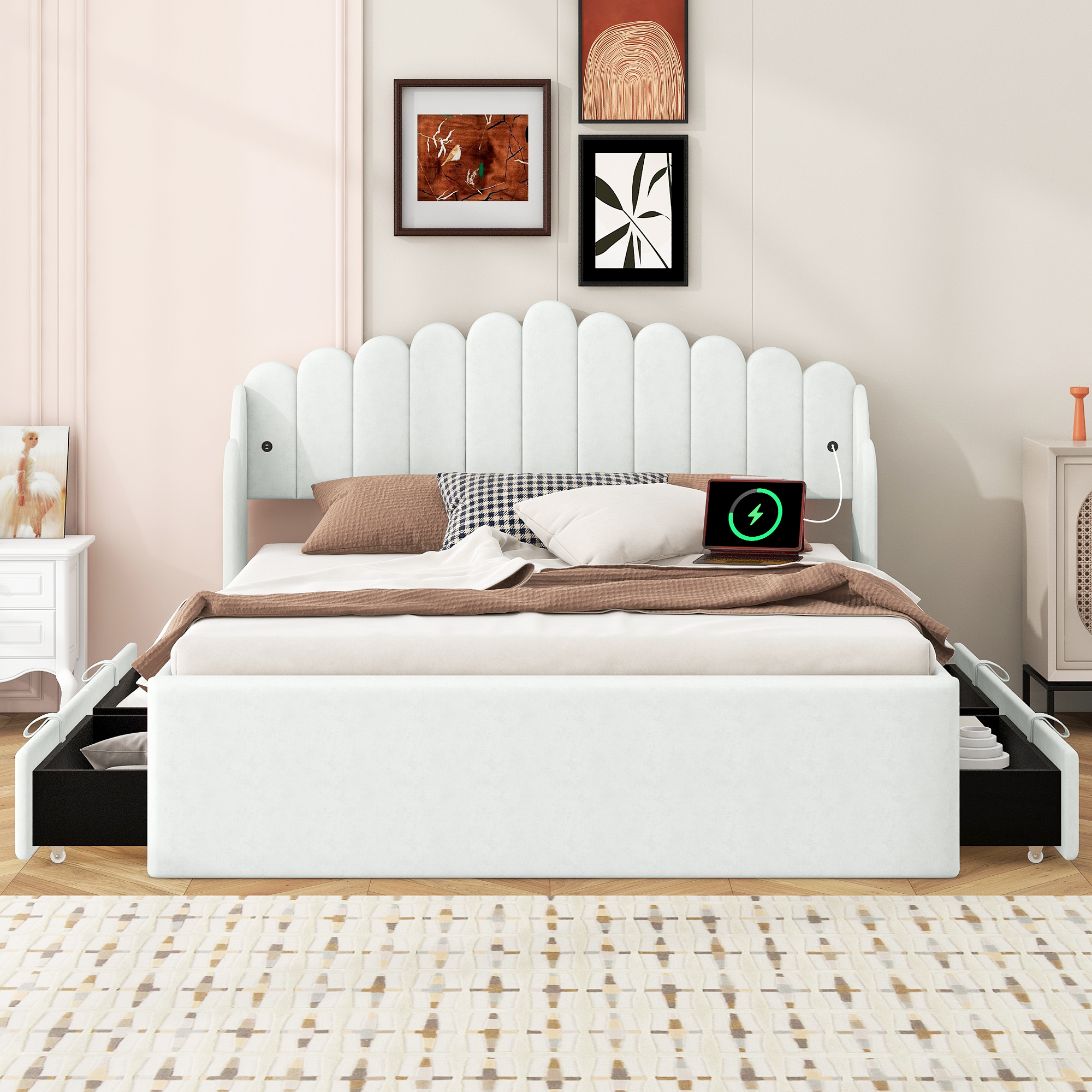 Queen Size Upholstered Platform Bed with 4 Drawers and 2 USB, Beige